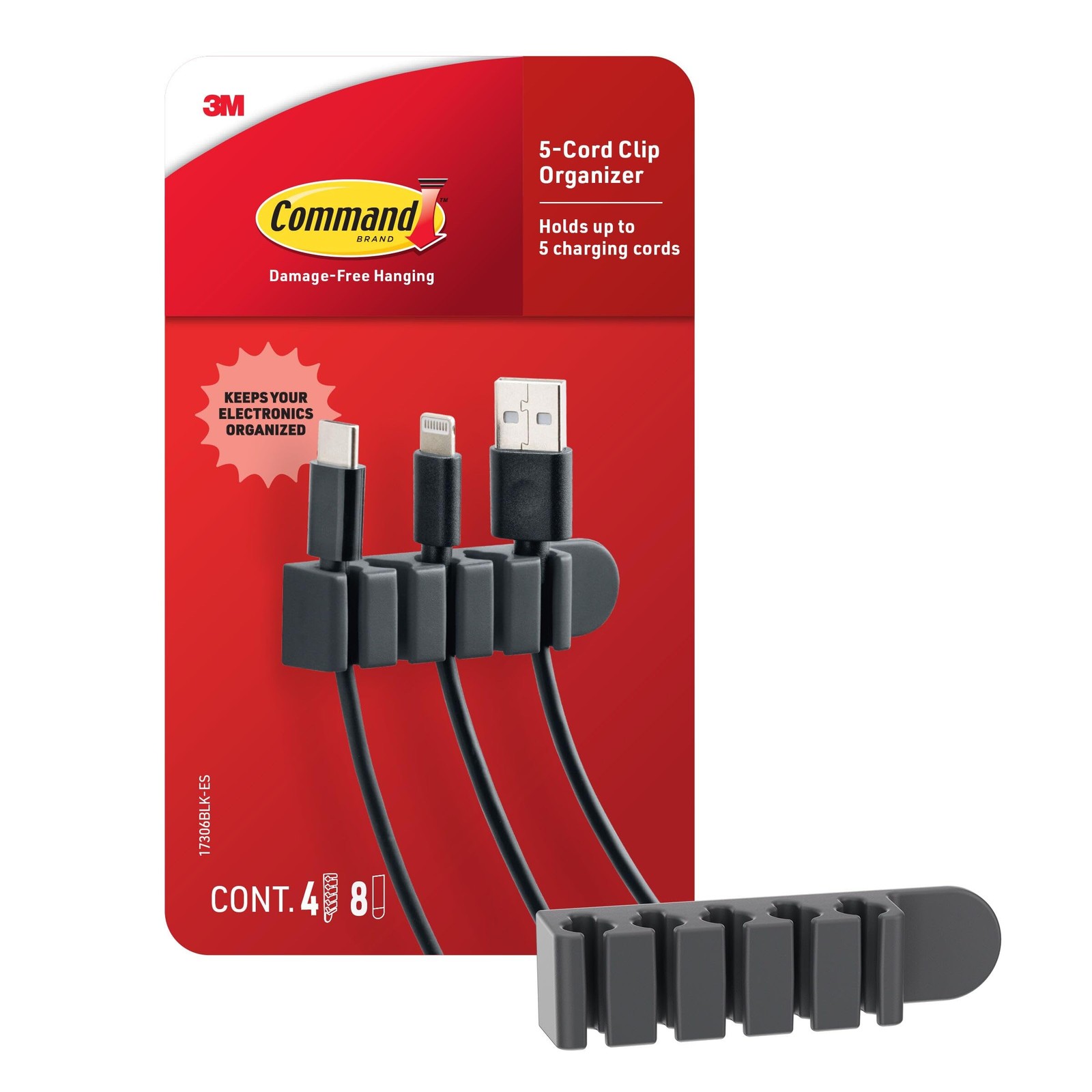 Command 5-Cord Clip Organizer, Black, 4 Clips, 8 Medium Strips Medium, Black