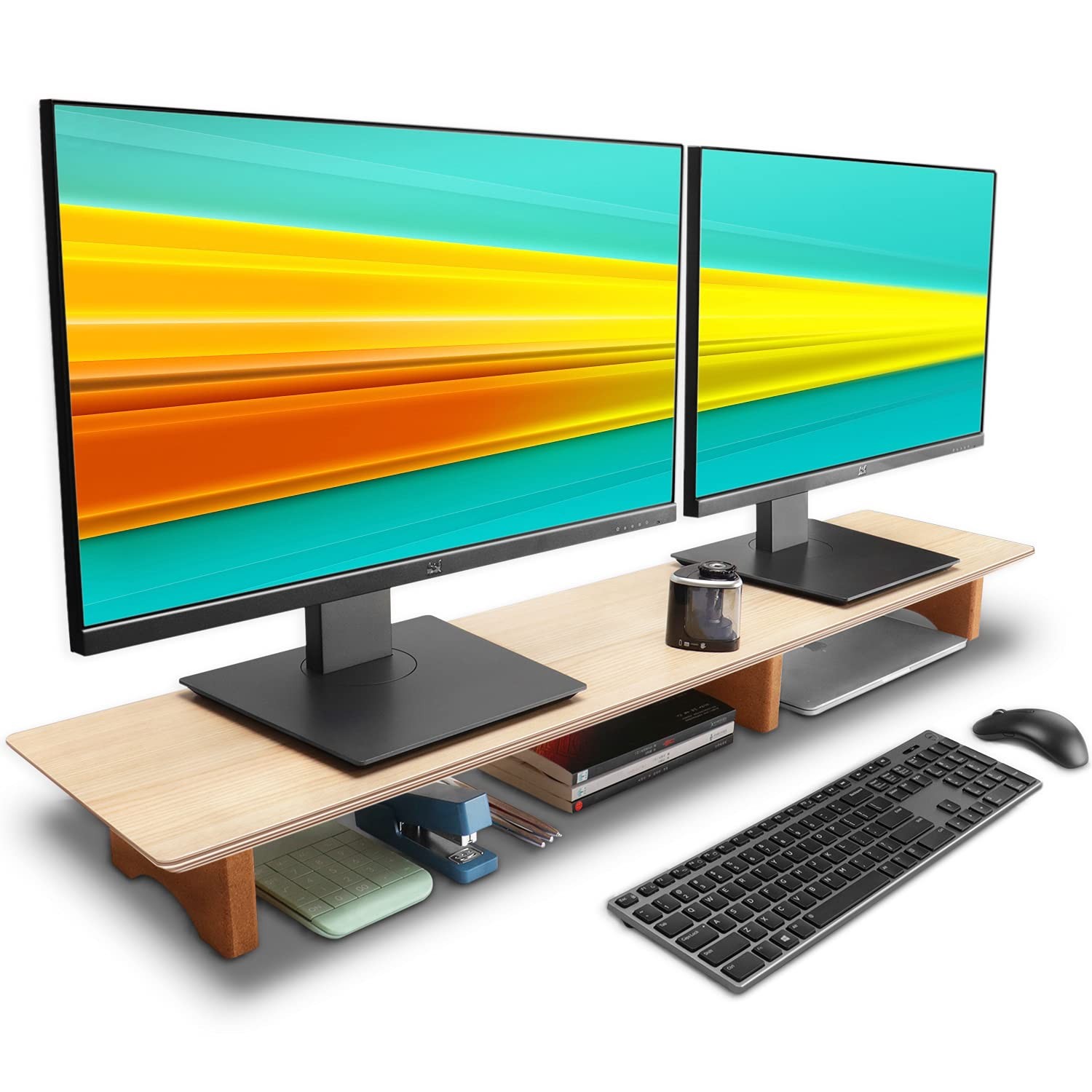 Aothia Large Dual Monitor Stand Riser, Solid Wood Desk Shelf with Dual, Oak 