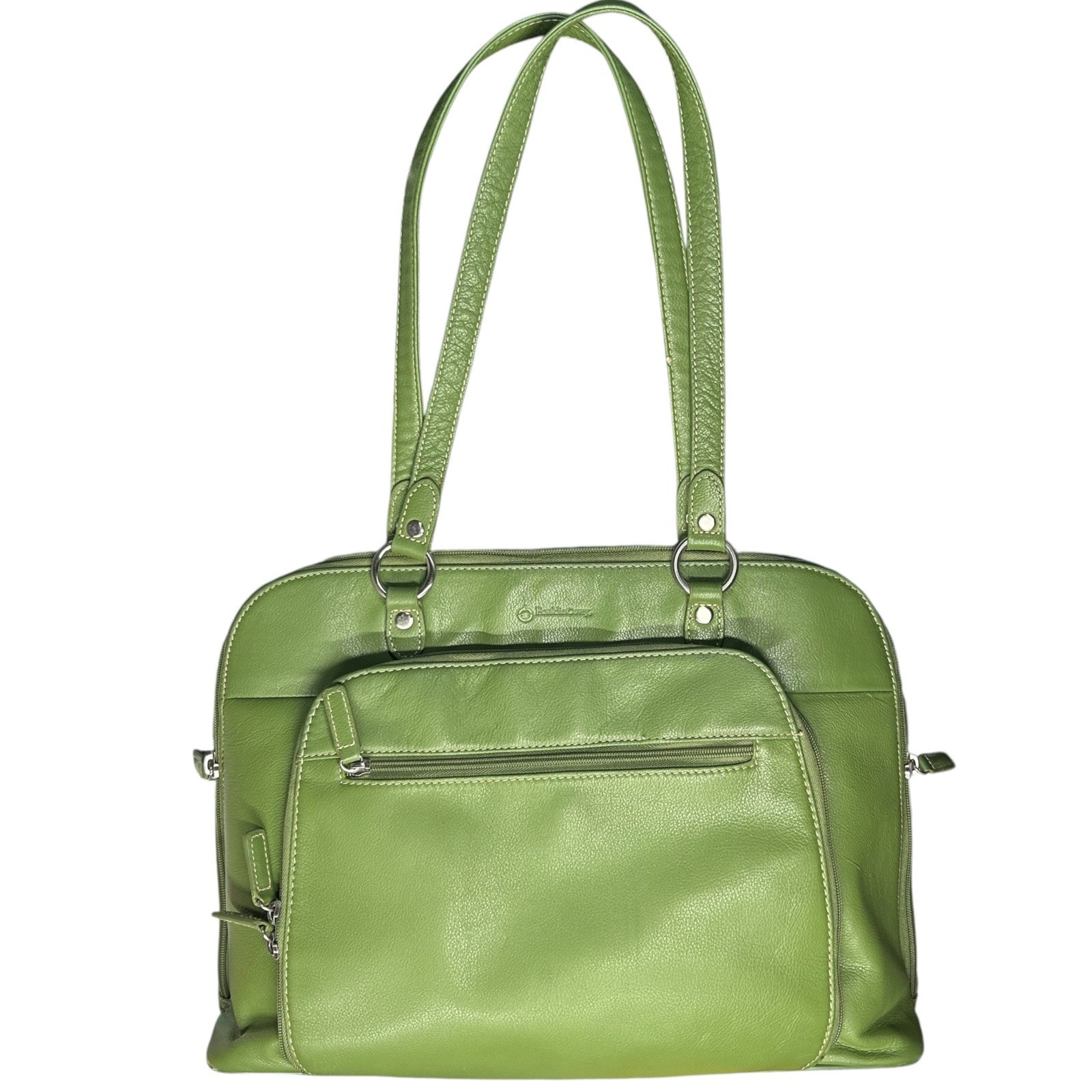 FRANKLIN COVEY Laptop Tote Bag Green Pebbled Leather Carry On Multi-Compartment*