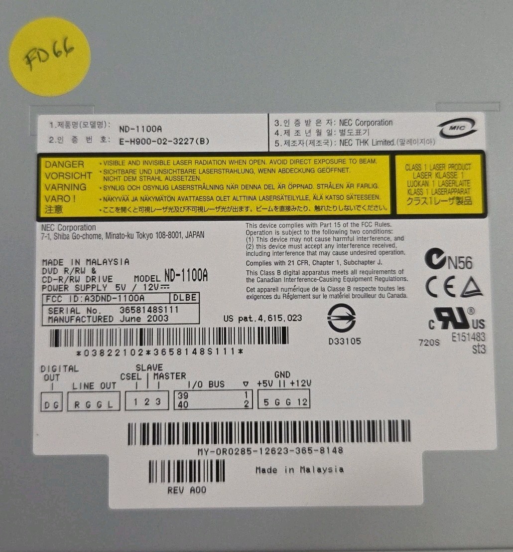 NEC DVD R/RW & CD-R/RW Drive Model ND-1100A Compact Disk Rewritable High Speed