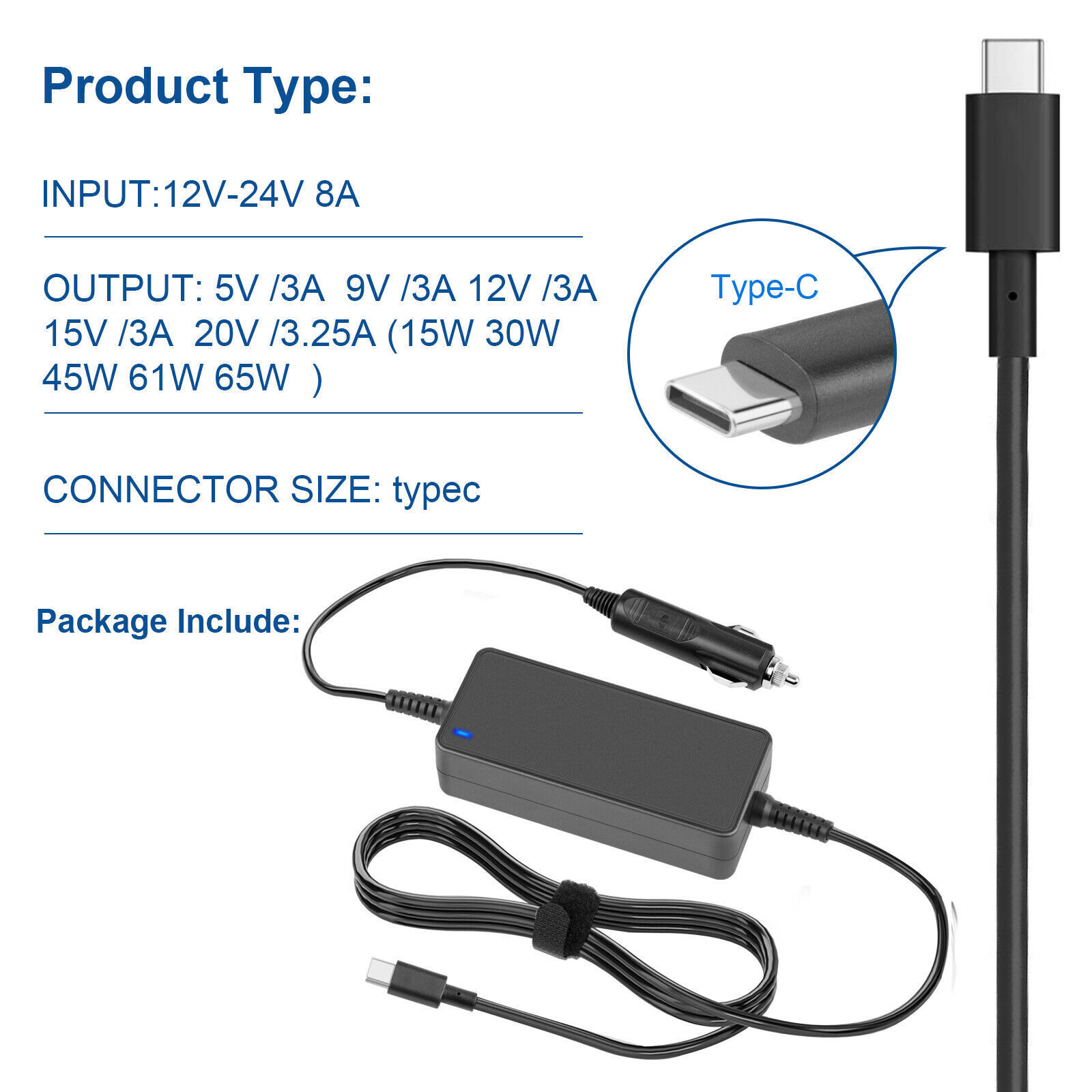 90W 87W 65W 61W 45W 20W USB Type C PD Laptop Car Charger Power Supply DC Adapter