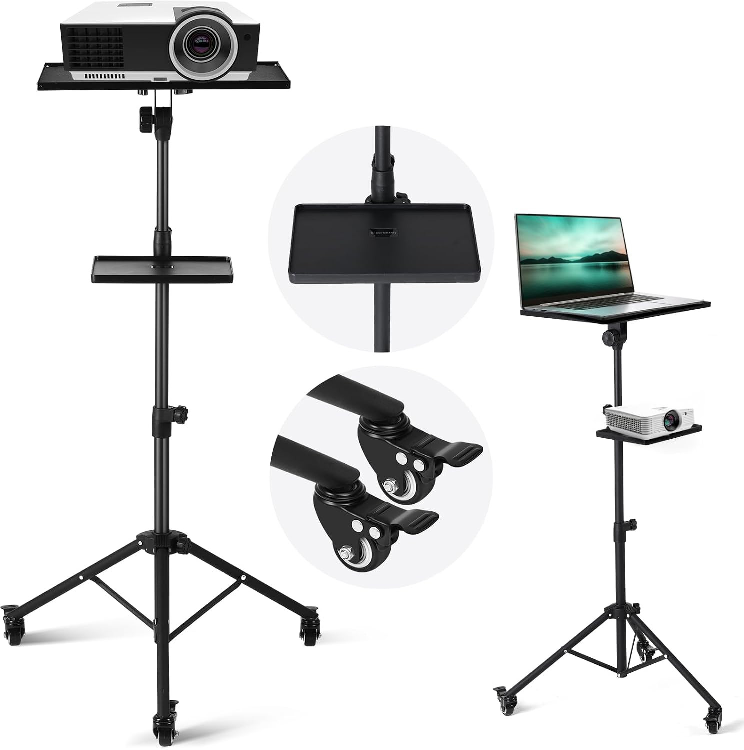 Projector Stand with Wheels, 2 Shelves Mouse Tray, Adjustable 22-51