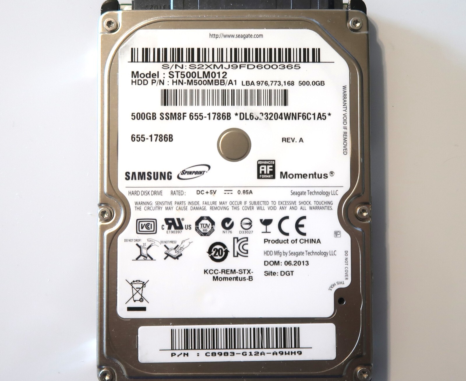 Samsung ST500LM012 HN-M500MBB/A1 (S2XM) China C8983-G12A 2.5" 500gb Sata 2013
