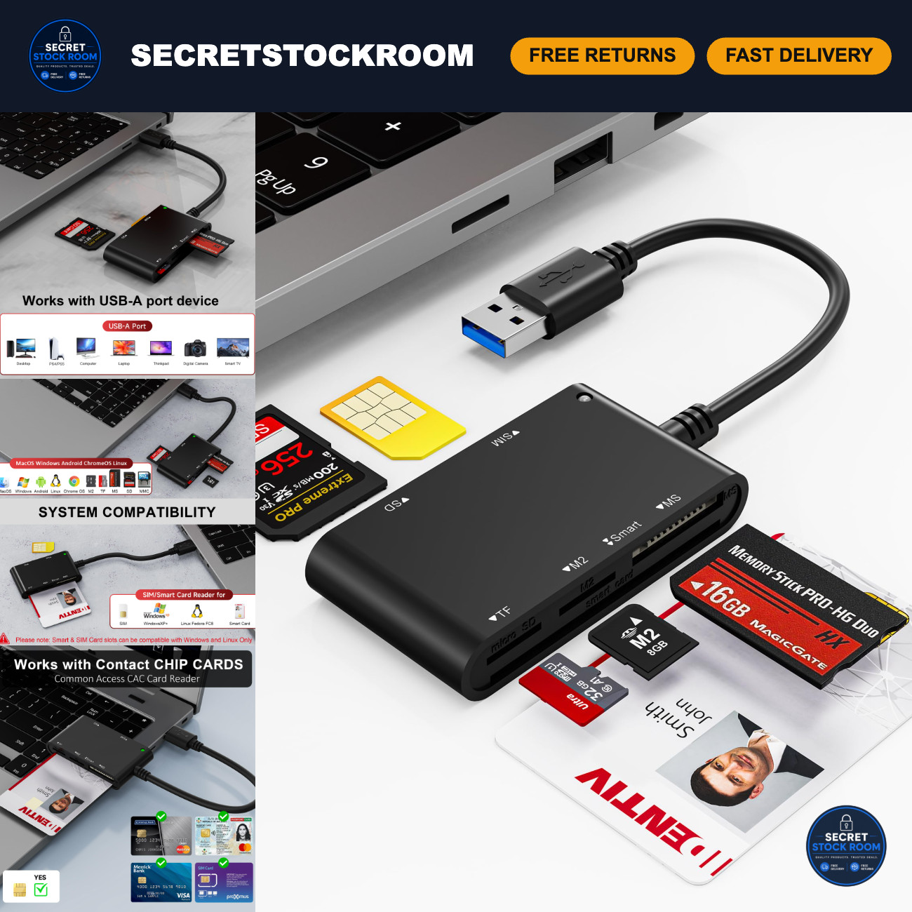 7-in-1 USB SIM Card Adapter & Smart Card Reader for SD/TF/M2/ID - Laptop/PC Comp