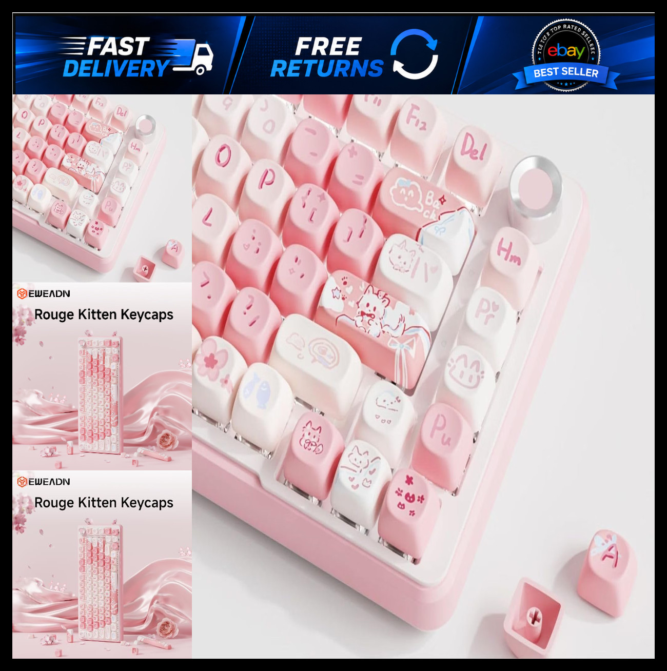 Cute Pink Cat Keycap Set - PBT MOA Profile, Double Shot Keycaps for Mechanical