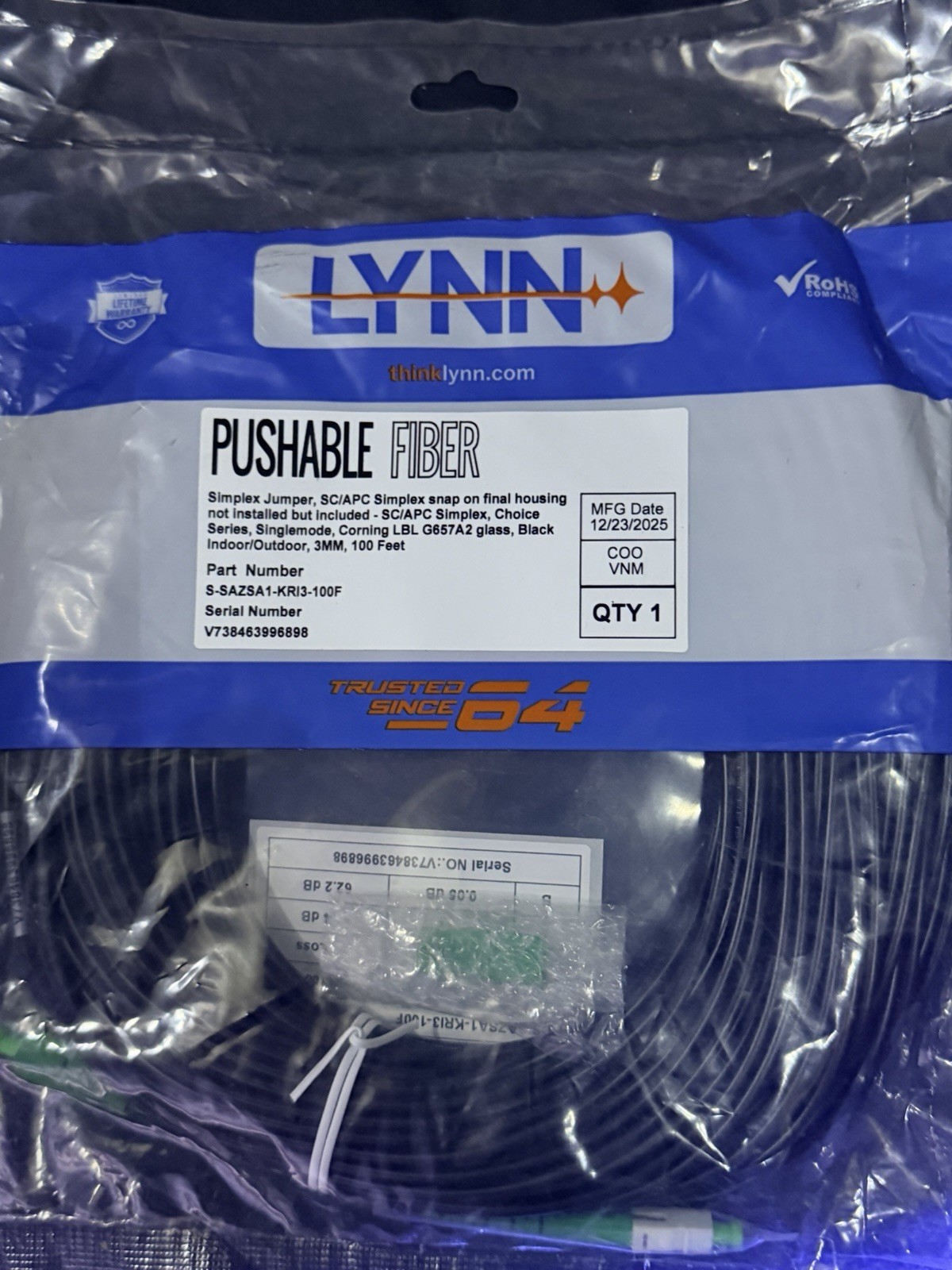 LYNN Pushable Fiber Optical Network Cable SC/APC-SC/APC Simplex 100 ft Black