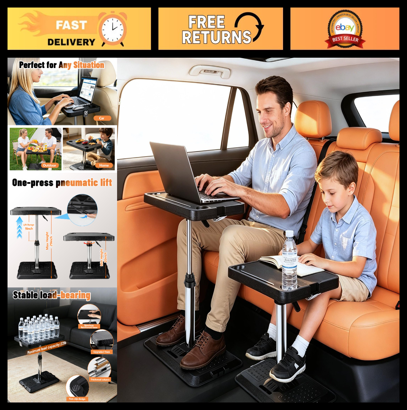 Portable Car Desk Tray for Laptop - Height Adjustable Table for Travel & Work