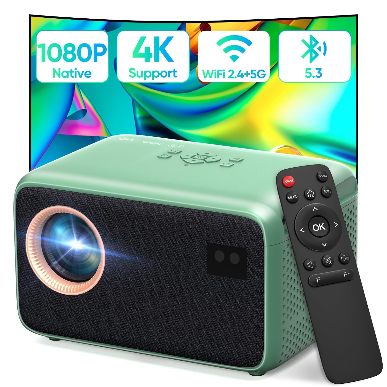 Mini Projector with Wifi and Bluetooth, Full HD 1080P Portable Dark Green