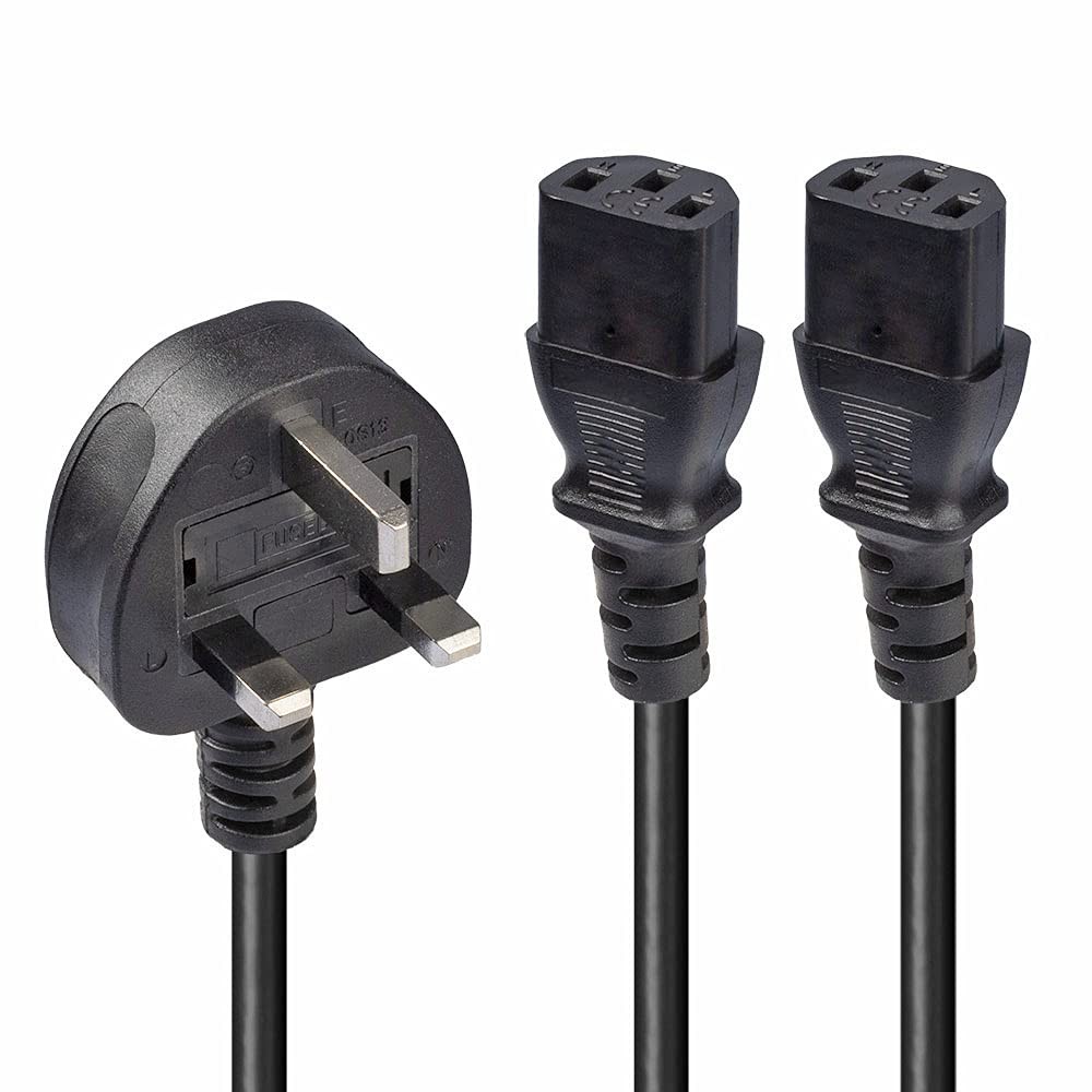 LINDY 30371 2.5m UK 3 Pin Plug to 2 x IEC C13 Splitter Extension Cable, Black UK