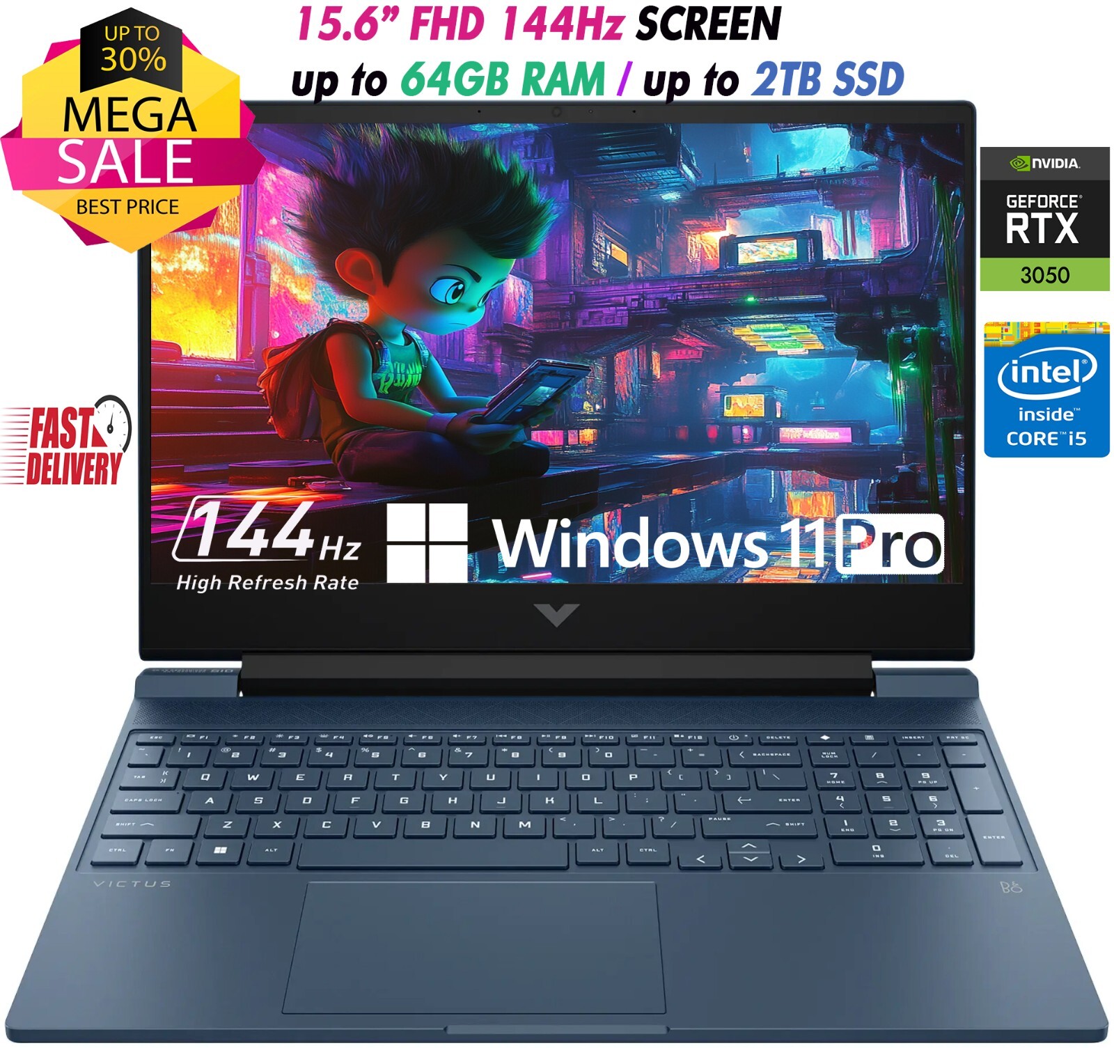 HP Victus Gaming 15.6" 144Hz FHD i5-12450H Up to 64GB RAM& 2TB SSD Win11 PRO