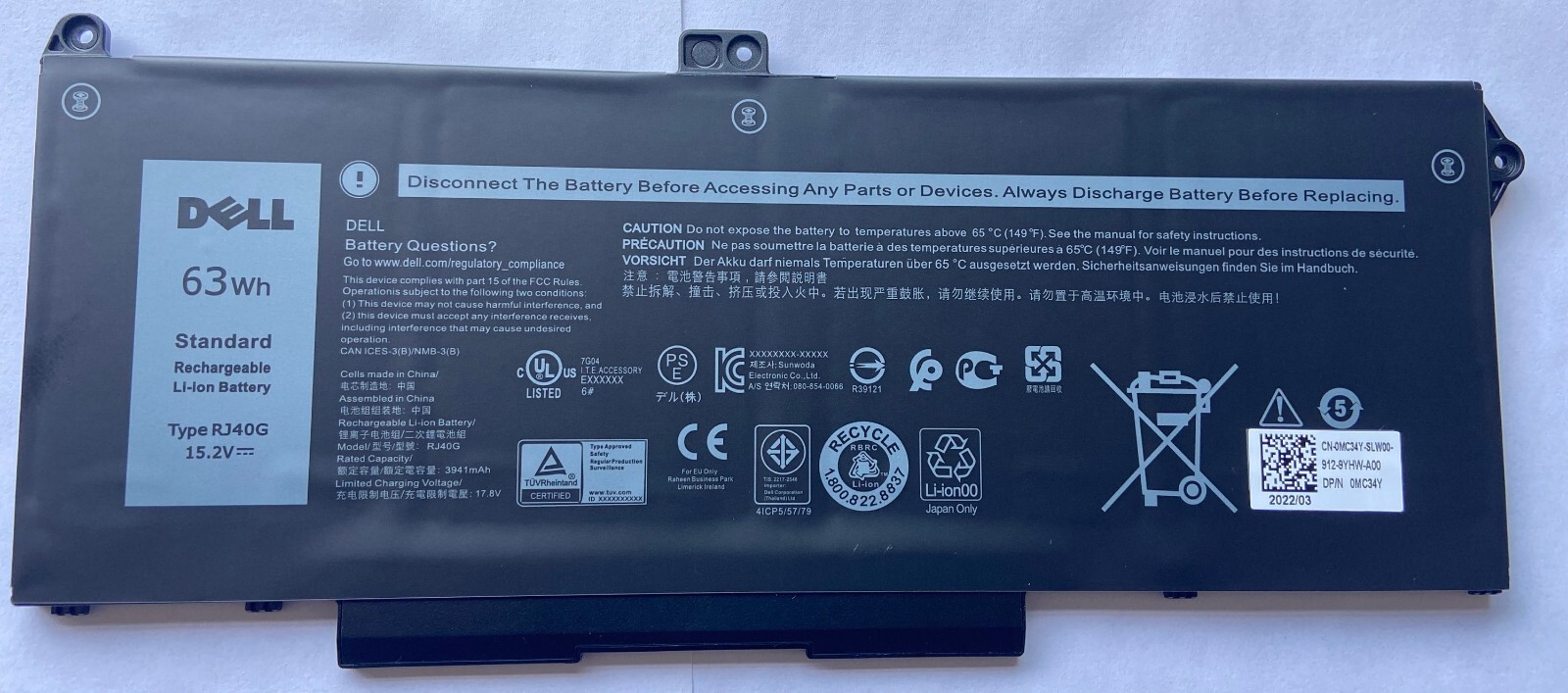 Genuine RJ40G Battery For Latitude 14 5420 Latitude 15 5520 Precision 15 3560