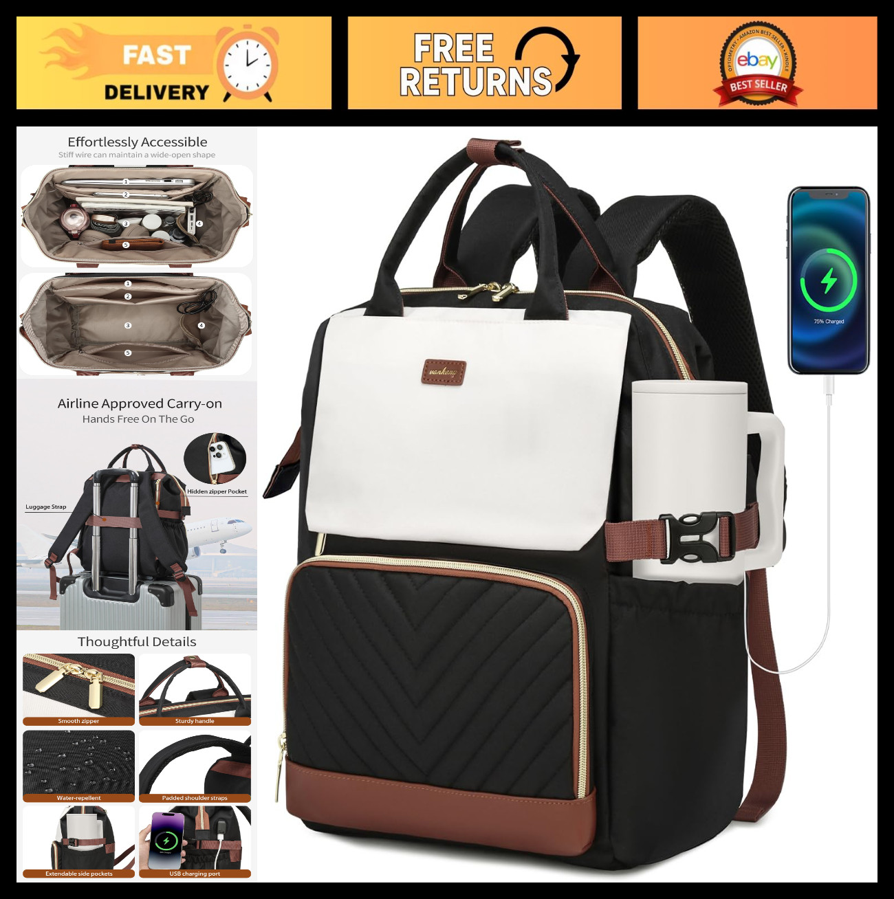 Stylish Laptop Backpack for Women - Teacher Nurse Work Bag with USB Charger & Cu