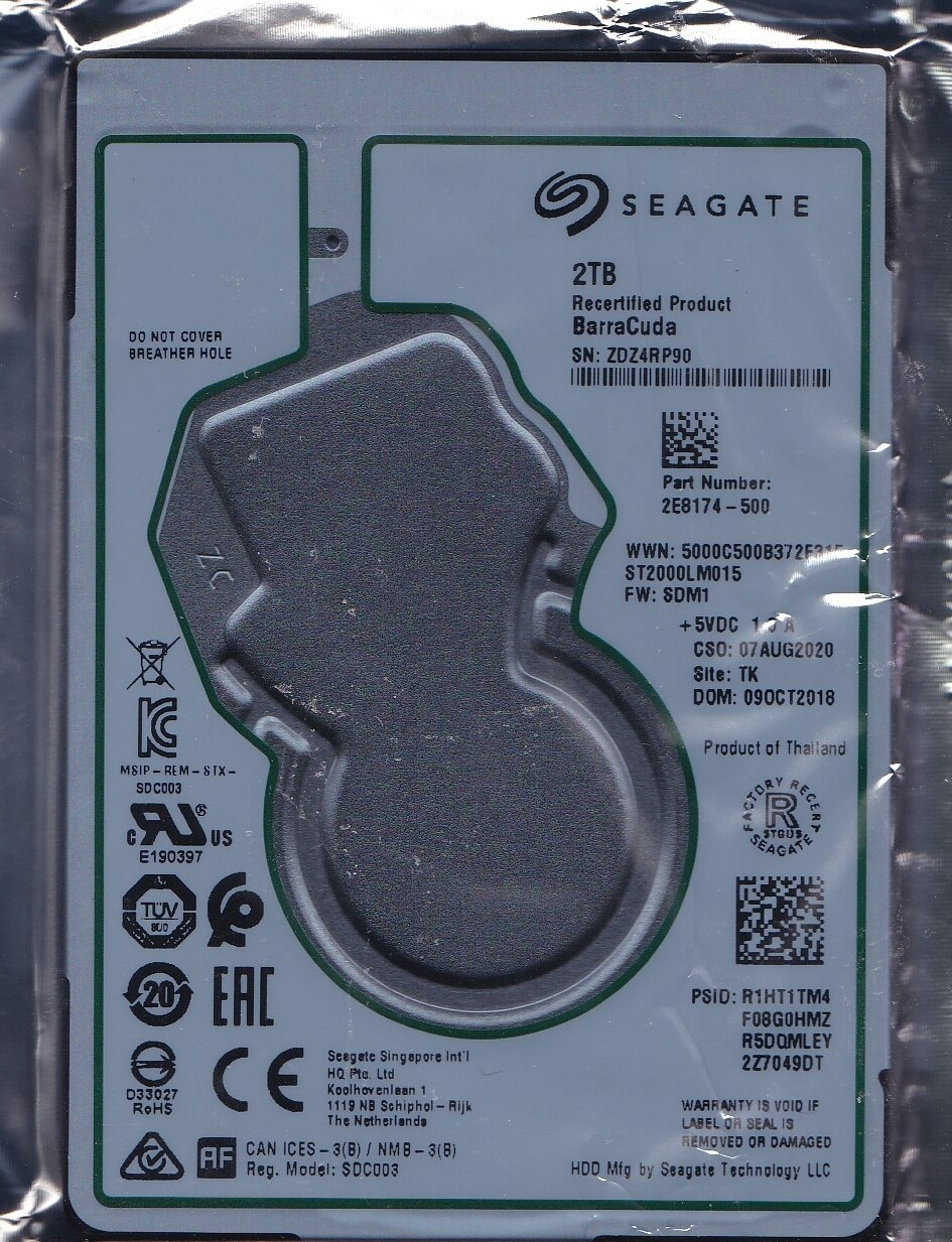 ST2000LM015 p/n: 2E8174-500 f/w: SDM1 ZDZ TK OCT/2018 2TB SATA 2.5" Seagate