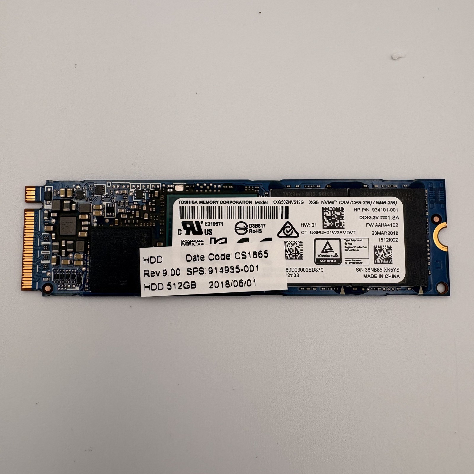 Toshiba 512GB M.2 NVMe SSD HP PN 934101-001 96% Health Tested Working