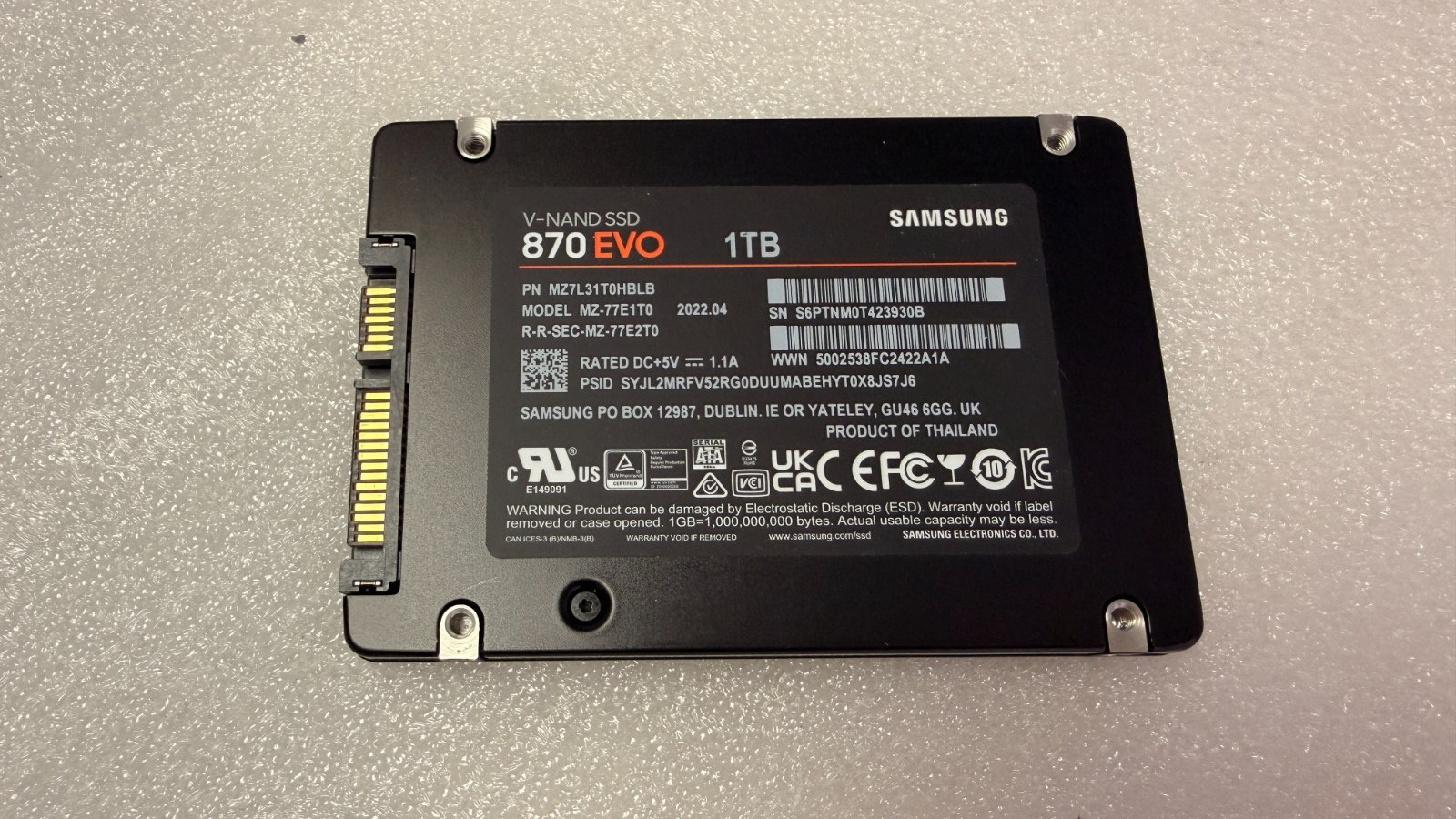 Samsung SSD 870 EVO 1TB, Internal, 2.5 inch SSD MZ-77E1T0 99% Health