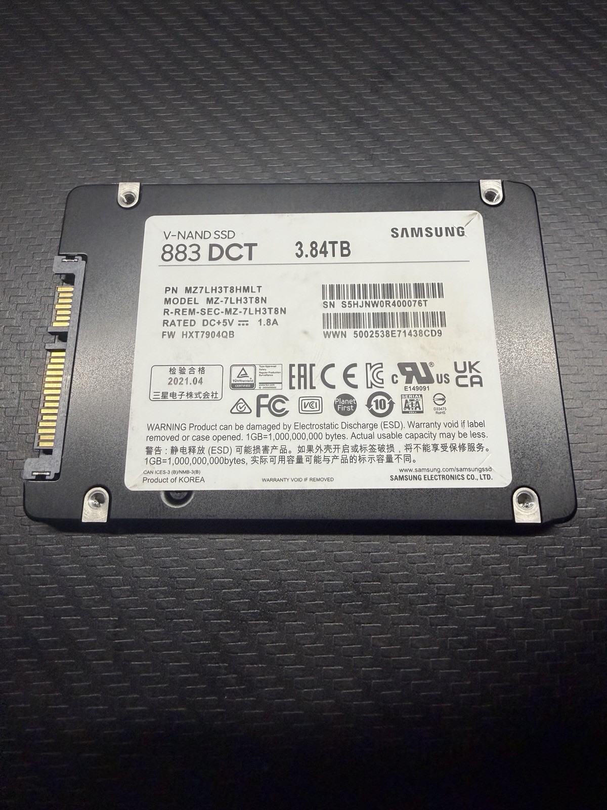 Samsung 883 DCT 3.84TB Enterprise SATA SSD 2.5” MZ-7LH3T8N 95%+ Health Tested