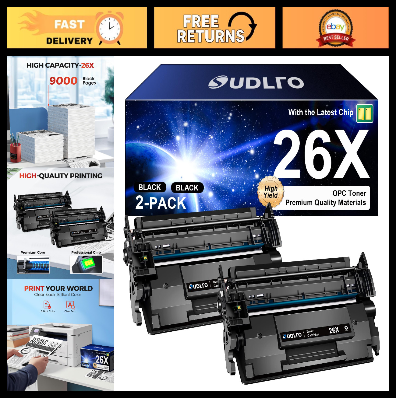 High Yield Black Toner Cartridge CF226X Replacement for HP 26X MFP Printers - 2