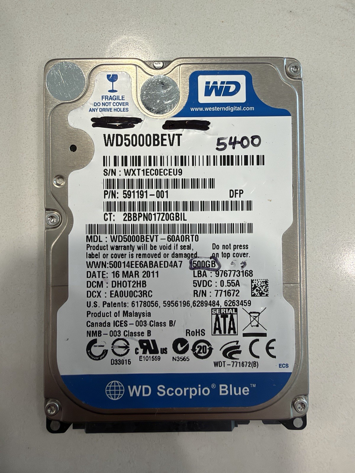 Western Digital Scorpio Blue 500GB Internal 5400RPM 2.5" (WD5000BEVT) HDD