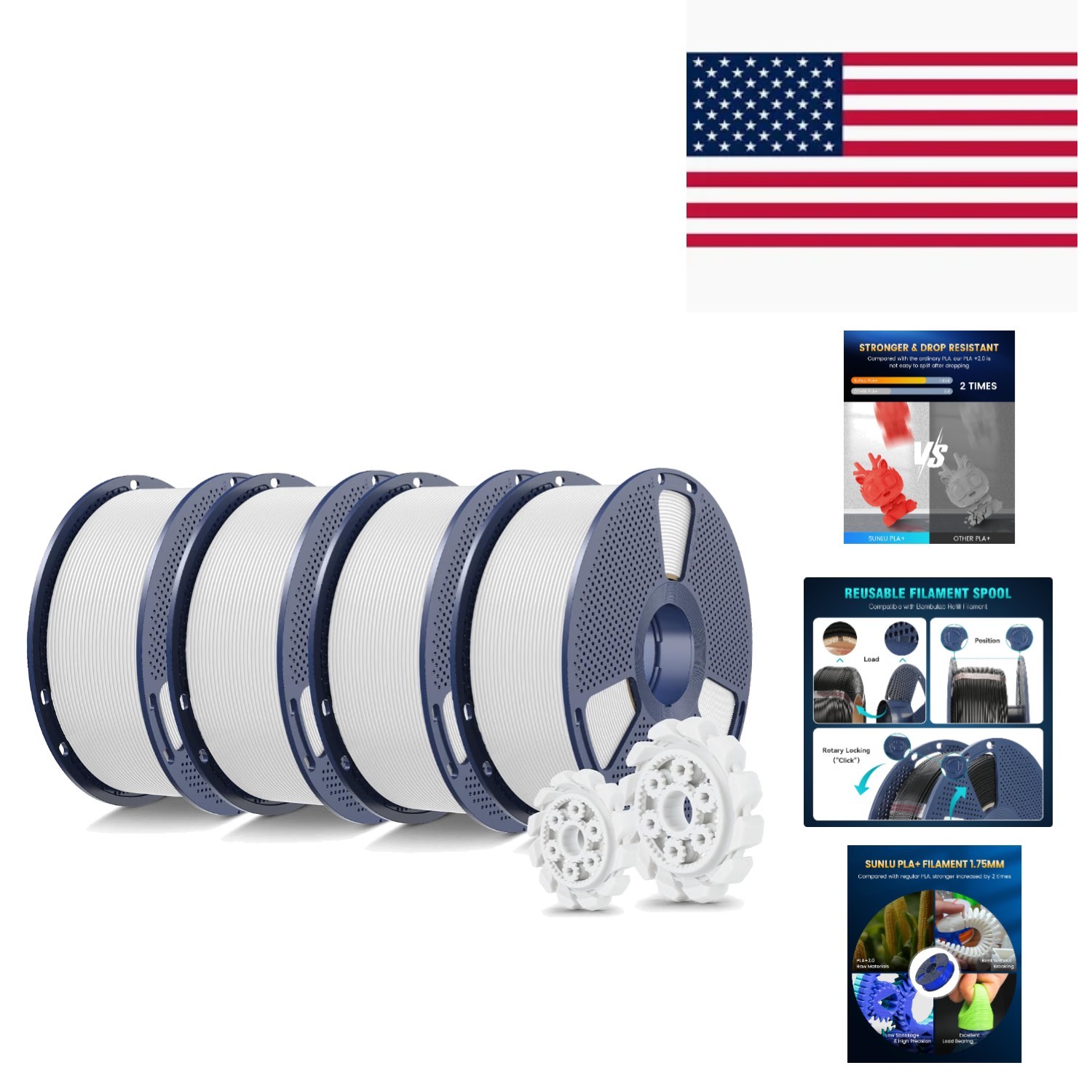 4-Pack White PLA+ 2.0 3D Printer Filament - Stronger, Faster, Eco-Friendly