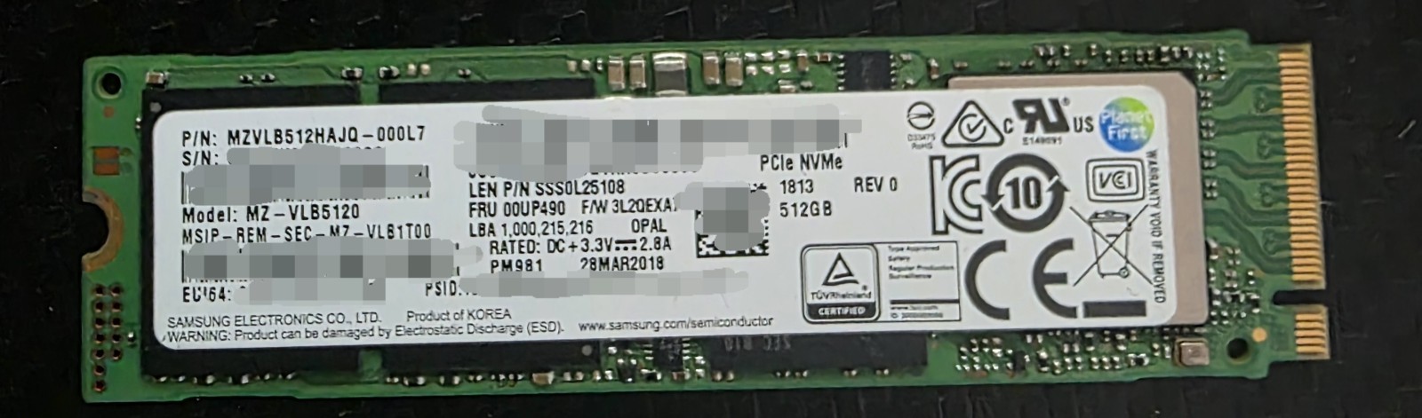 Samsung PM981 512GB Solid State Drive MZ-VLB5120 (≈96% Health)