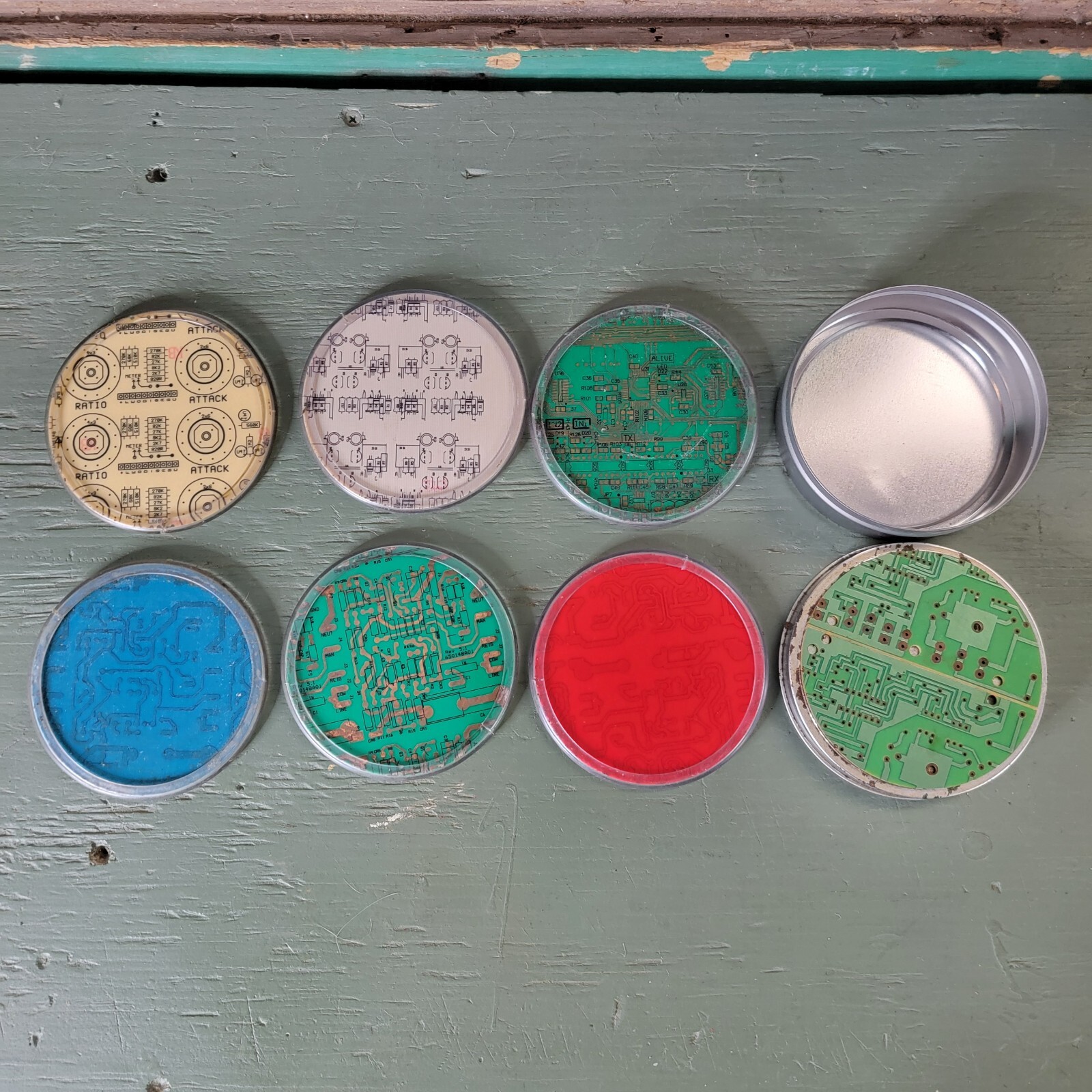 Tin of (6) Mother Board Gifts Coasters 3 7/8" Diameter, Rubber Outer Foot/Ring