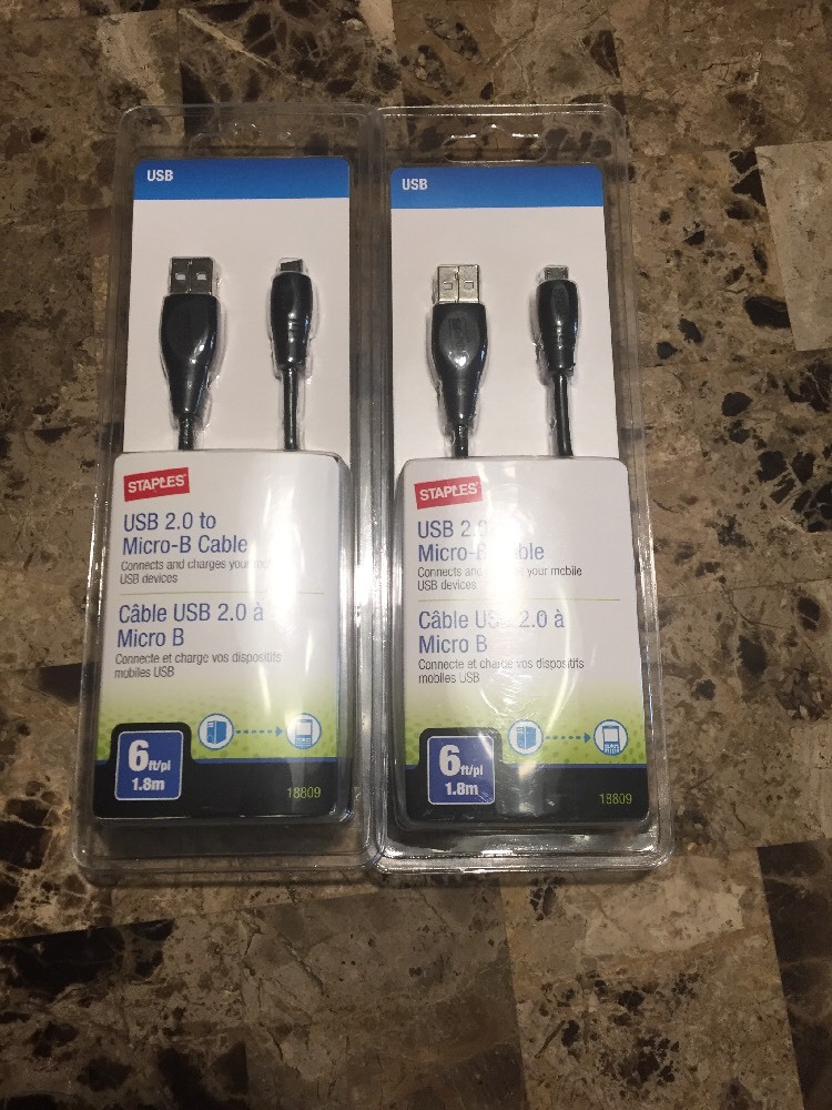 Lot Of Two Staples USB 2.0 To Micro B Cable 6-ft - Black New