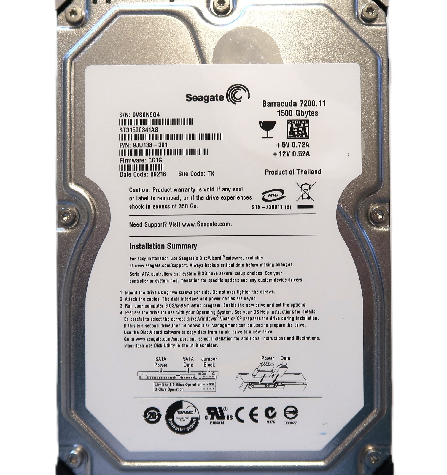 Seagate ST31500341AS 9JU138-301 CC1G (9VS) TK Thailand 1.5TB Sata HDD NOV/2008