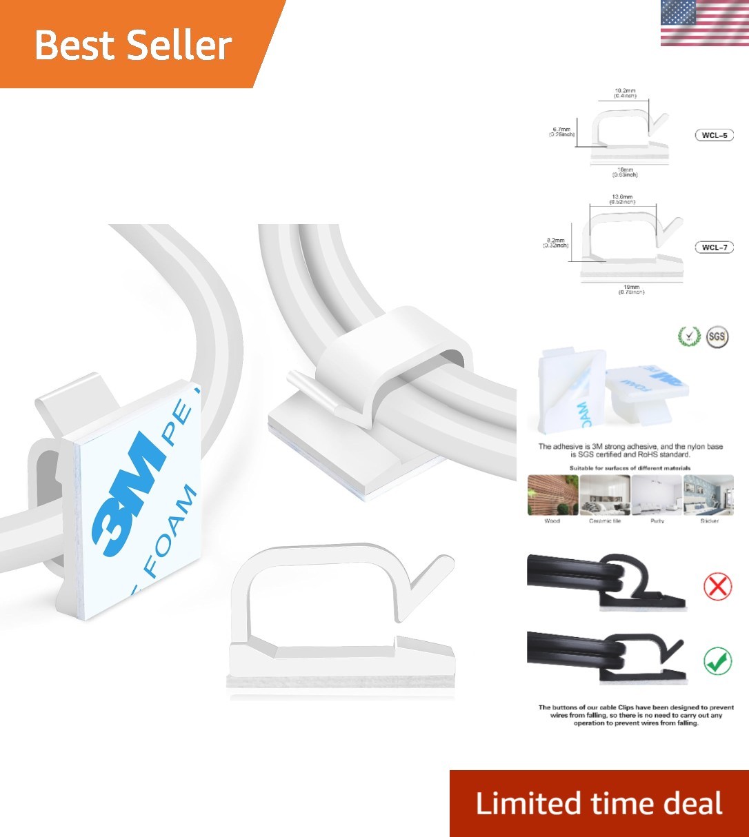 120PCS Self-Adhesive Cable Wire Clips - White Nylon Organizer for Home & Office