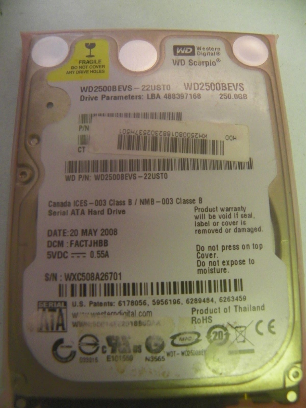  Western Digital WD2500BEVS-22UST0 Laptop 250GB 2.5" SATA HDD