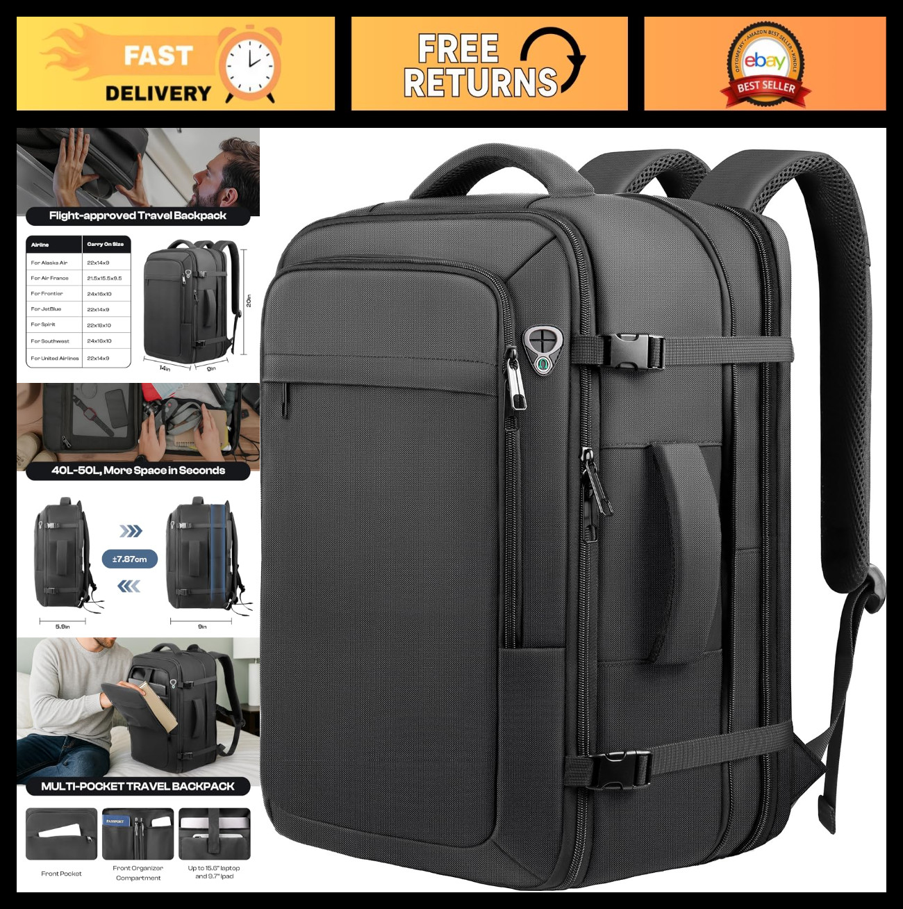 Extra Large 40L-50L Carry-On Travel Backpack, Water Resistant, Expandable, Fits