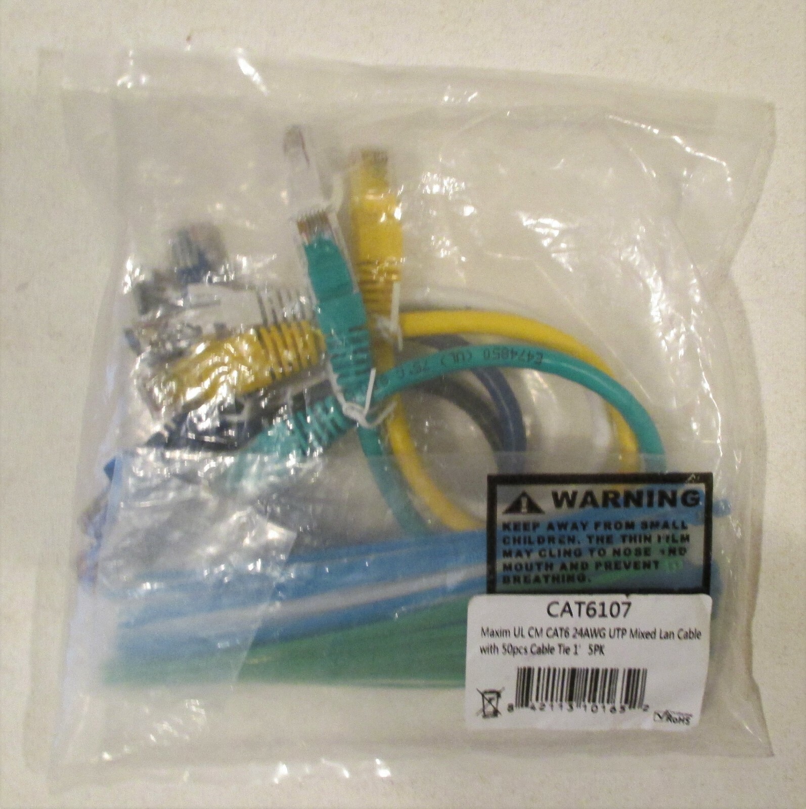 5 Pack - 1' - Maxim UL CM Cat 6 24AWG UTP Mixed Lan Cable with 50 Cable Ties 