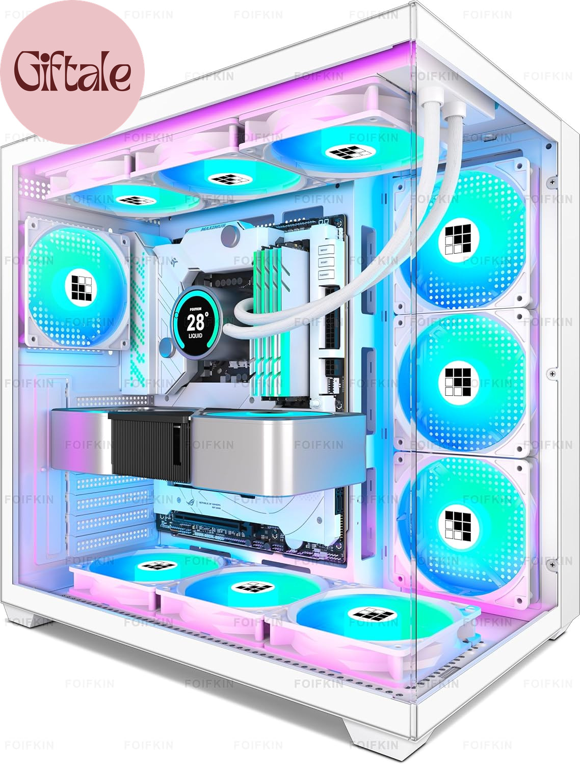 F600 PC Case - Pre-Installed 7 PWM ARGB Fan, ATX Mid-Tower Gaming PC Case, 270°