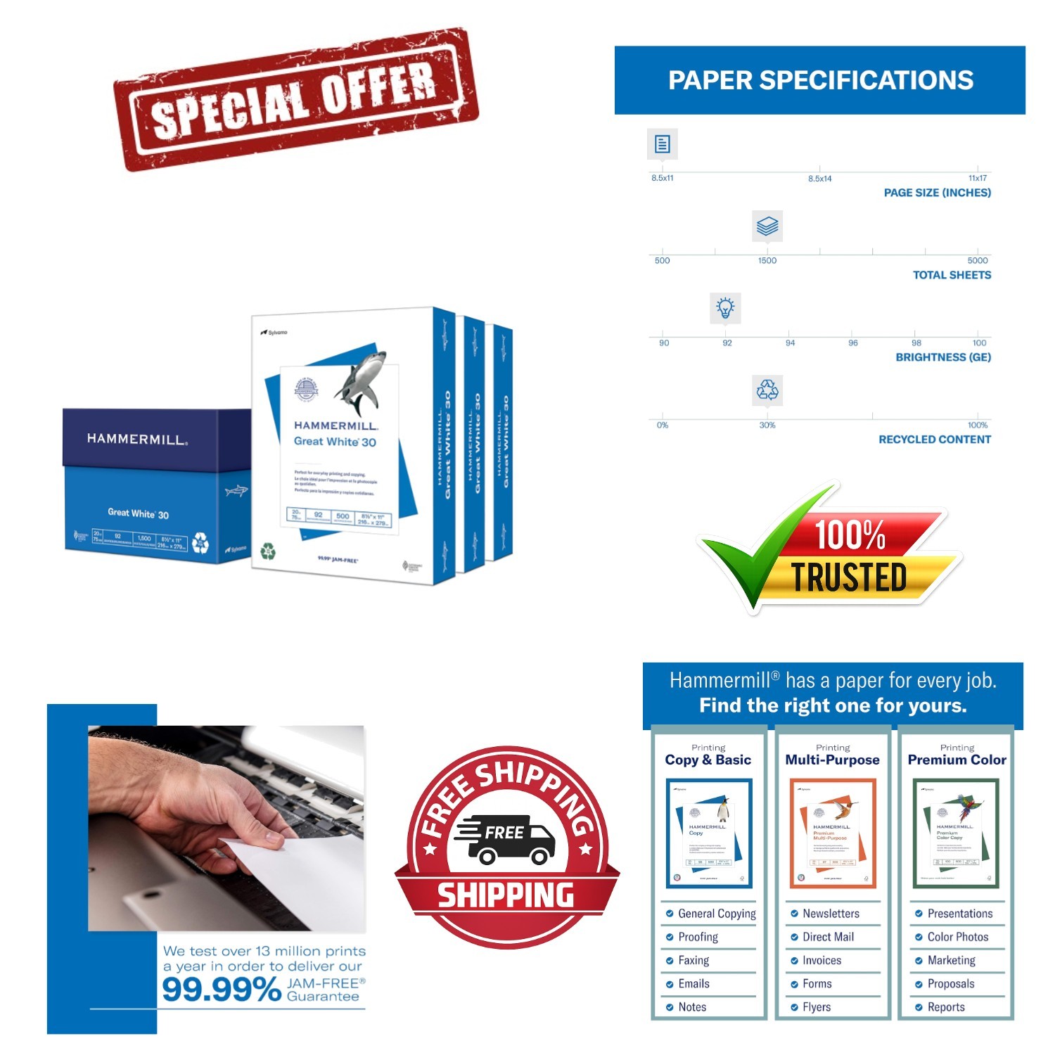 Eco-Friendly 30% Recycled Printer Paper, 1,500 Sheets, 8.5 x 11 - Smooth Finish