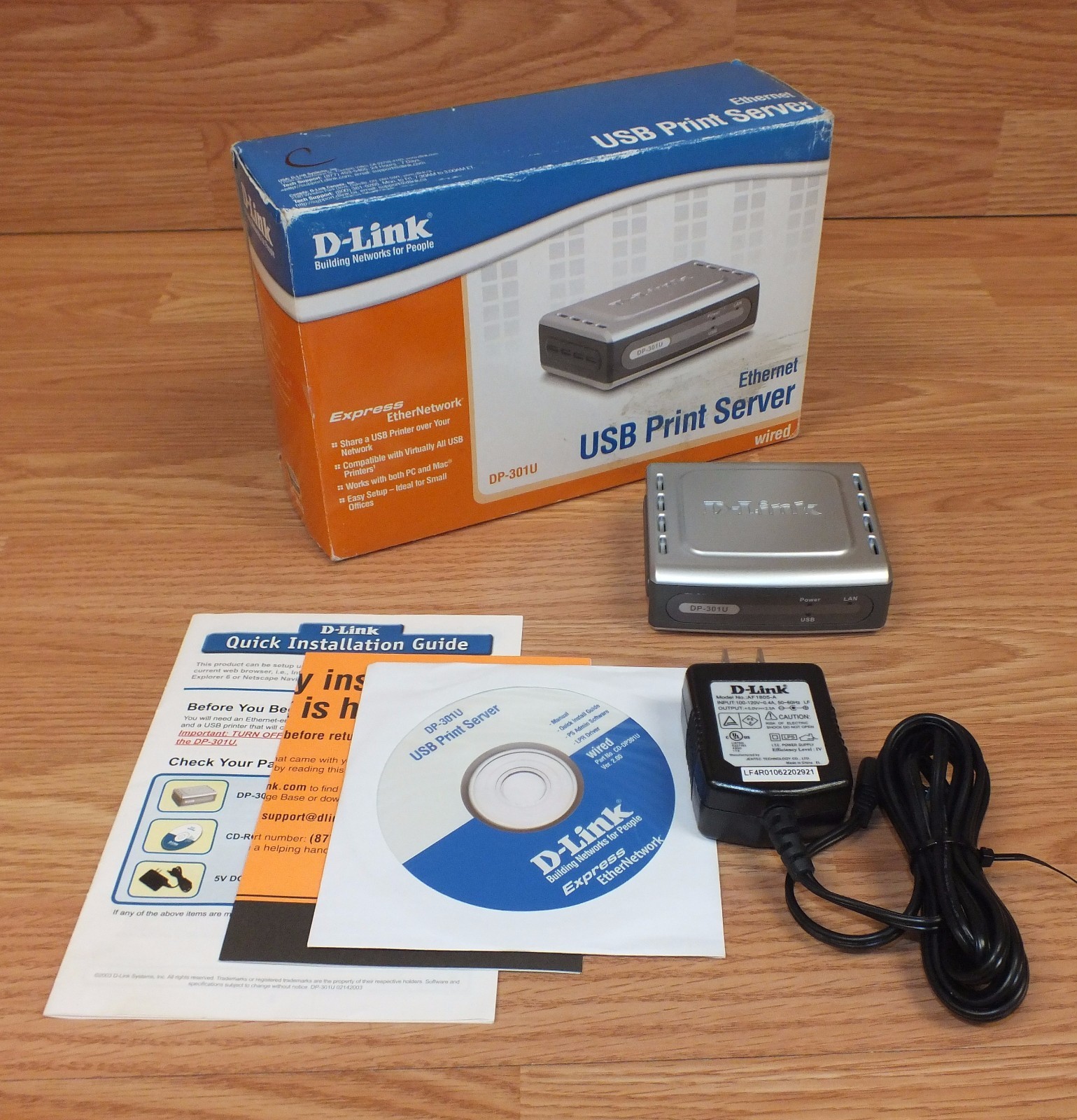 D-Link (DP-301U) Wired 10/100 Fast Ethernet USB Print Server w/ Power Supply 