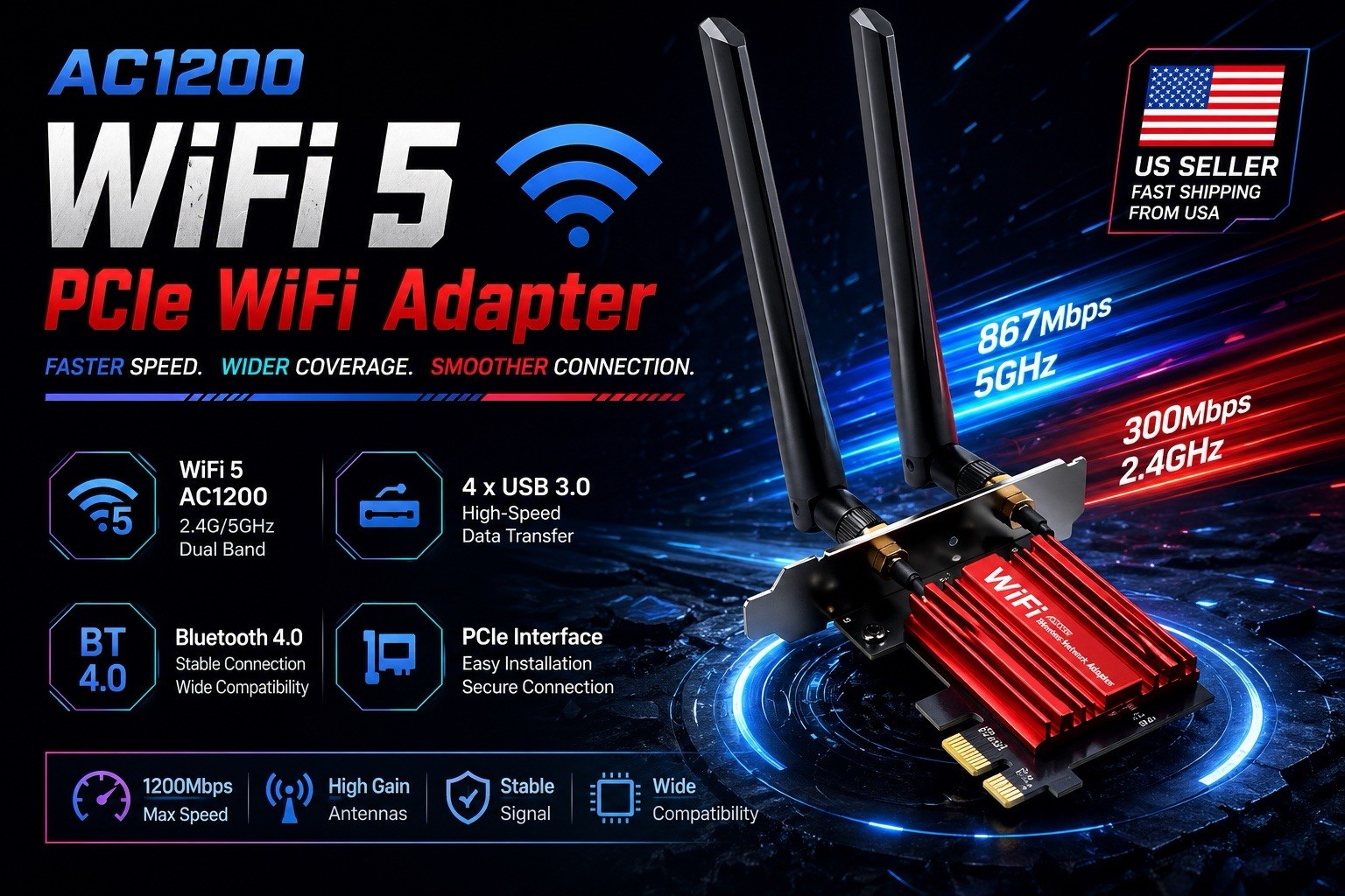 🔥SALE🔥AC1200 WiFi 5 PCIE WiFi Adapter Wireless Network Card-Fast Ship from USA