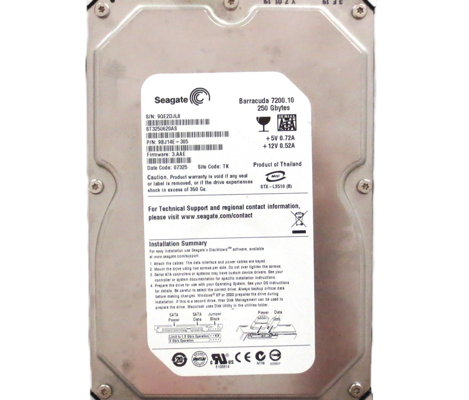 Seagate ST3250620AS 9BJ14E-305 3.AAE TK (9QE) Thailand 250gb Sata HDD 02/2007