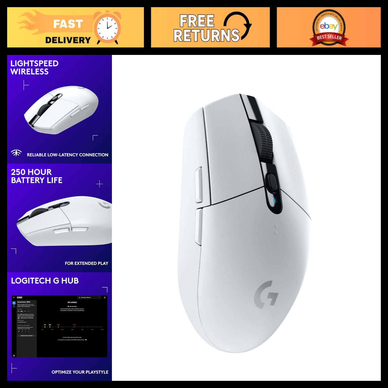 Wireless Gaming Mouse, Lightspeed Technology, Ergonomic Design, White Color