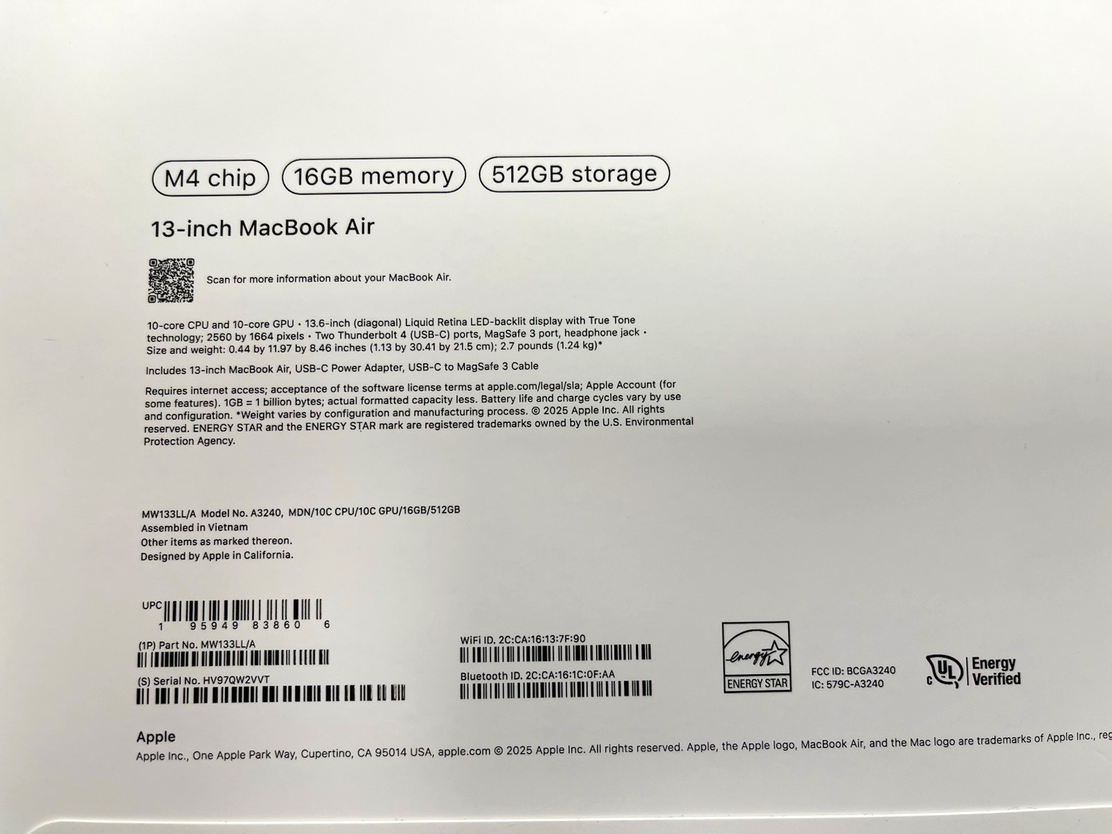 Apple MacBook Air 13" M4 16GB RAM 512GB SSD Silver Touch ID Backlit