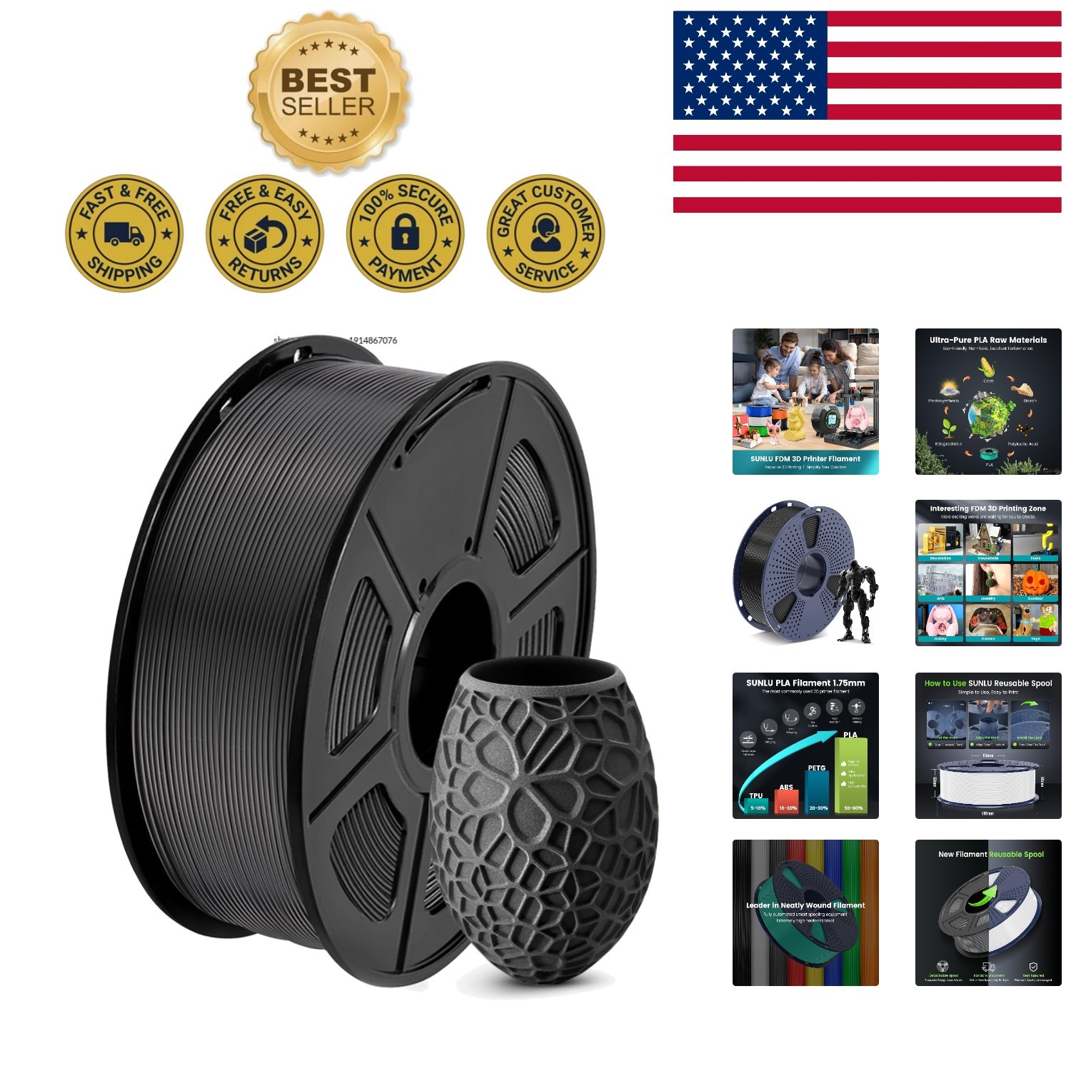 Versatile Neatly Wound Black PLA Filament 1.75mm - 1kg for Quality Printing