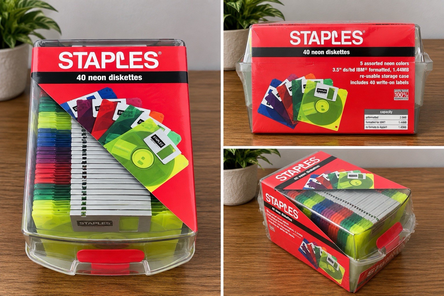 Staples 40 Neon Diskettes 3.5" ds/hd IBM formatted 1.44MB W/write On Labels