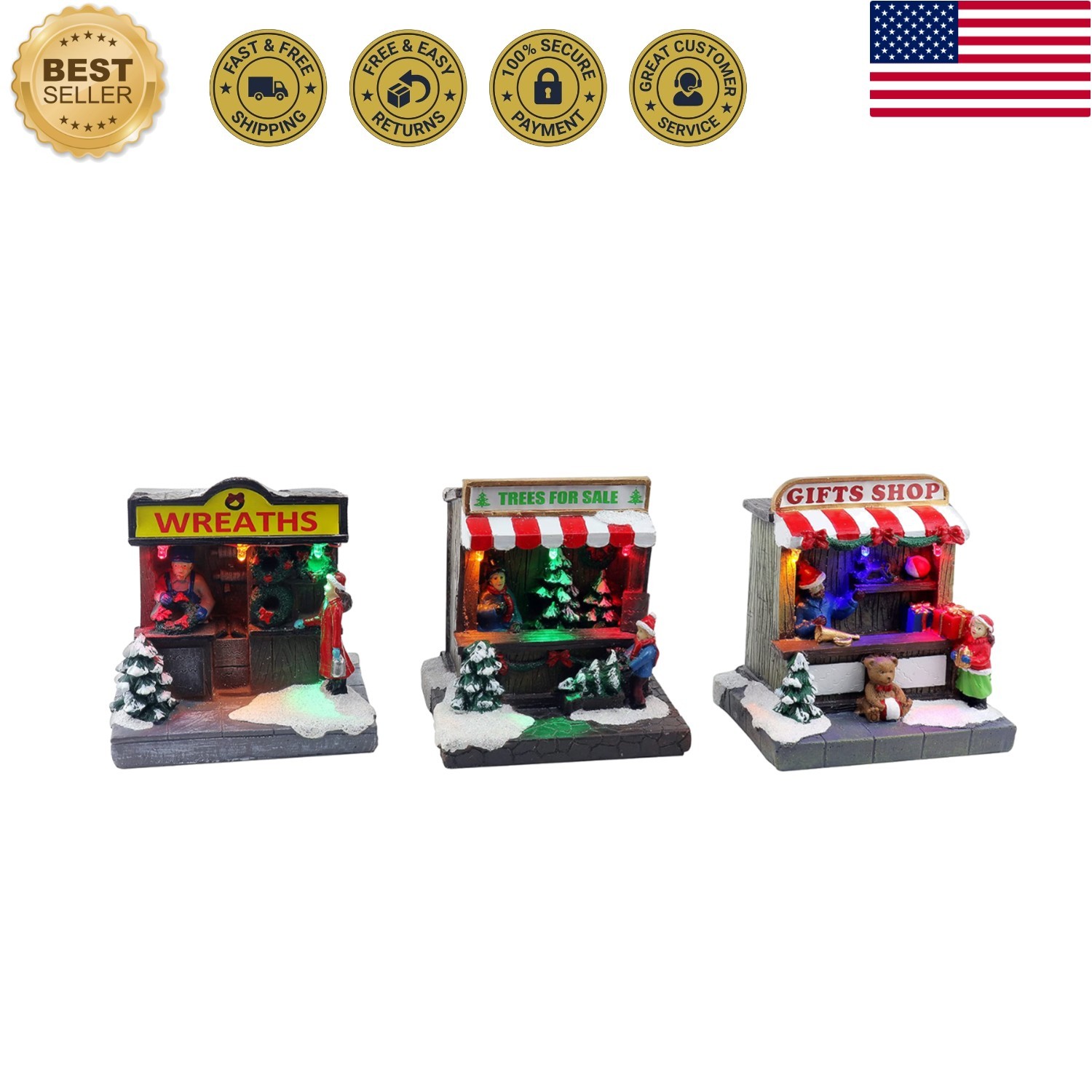 Christmas Village Shops Set of 3 - Includes Pre-lit Wreath, Tree and Gift Sho...