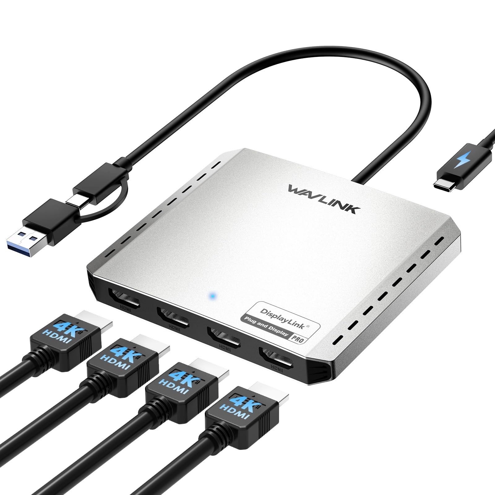 WAVLINK USB 3.0 or USB-C to Quad HDMI Splitter Extended Display for Silver