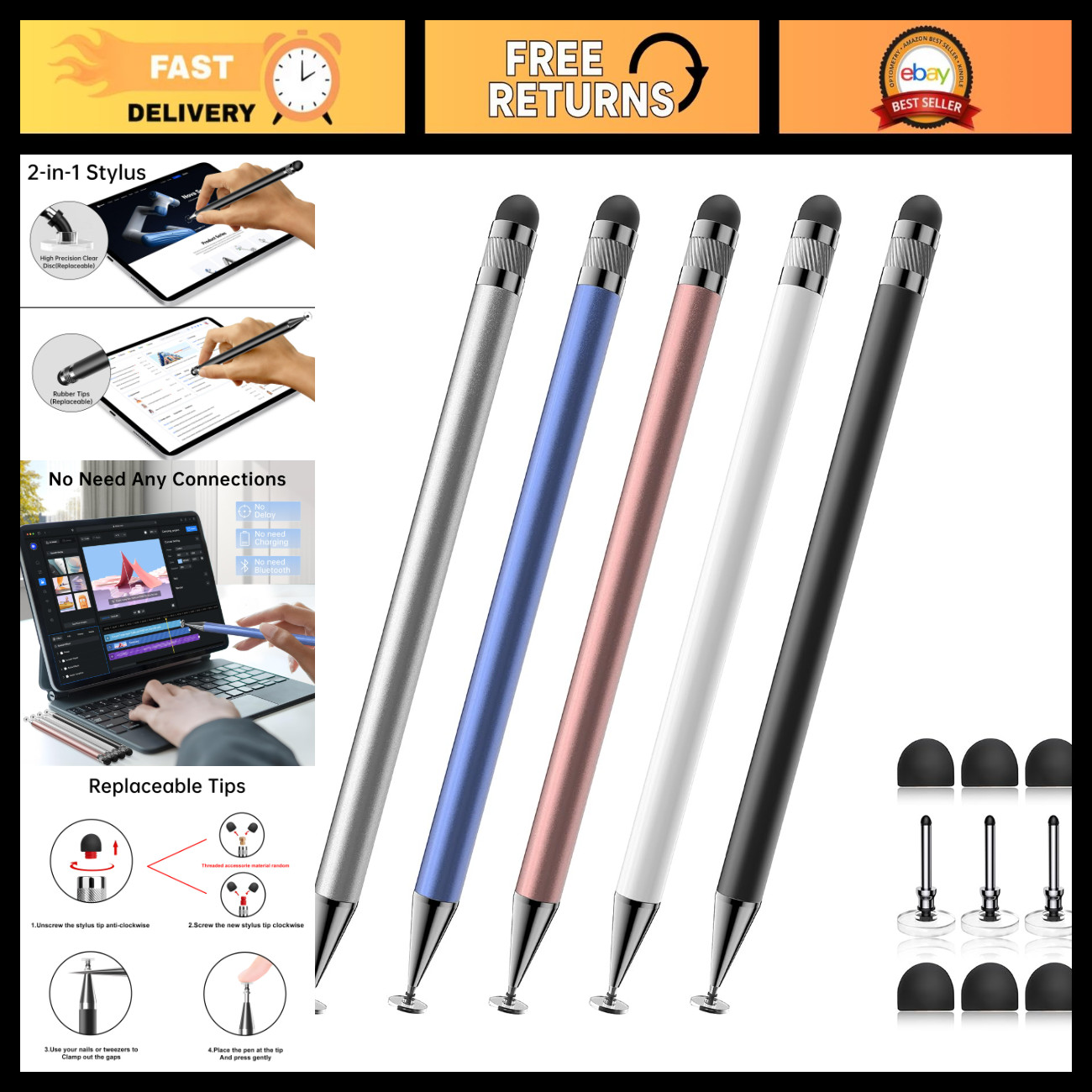 5 Pcs 2-in-1 Touchscreen Stylus Pen, Capacitive Stylus for Tablets & Smartphones