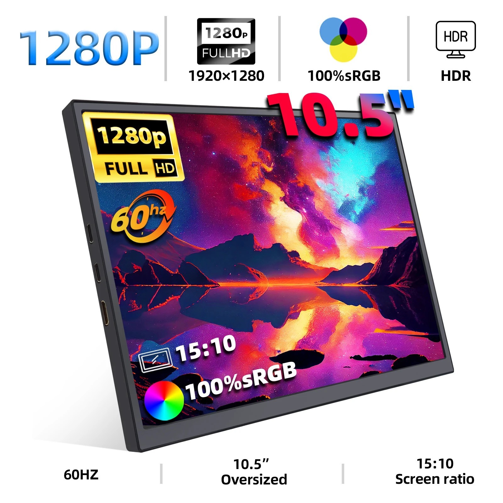 ZSUS 10.5 Inch Portable Monitor 1280P Full HD Gaming Screen for Laptop PC PS4 5