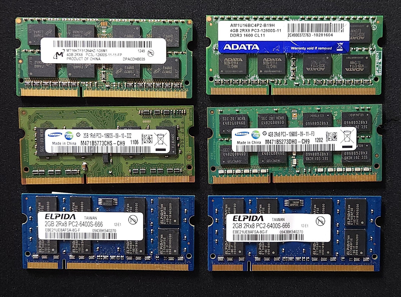 6 Laptop RAM Modules – DDR3 & DDR2 – 4GB & 2GB Mixed – Micron, ADATA, Samsung