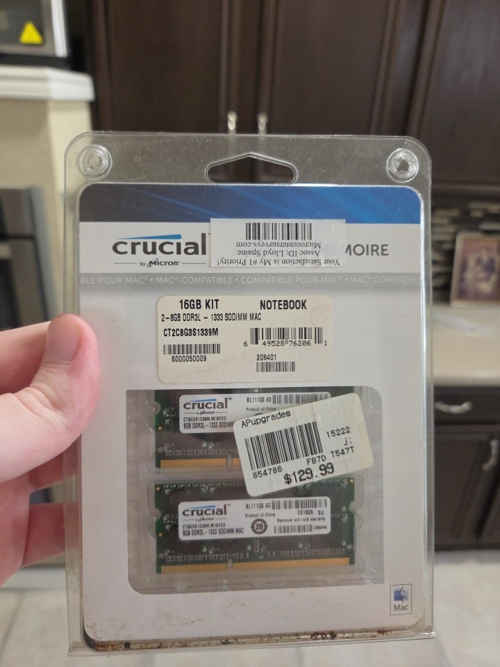 Crucial 16GB DDR3L-1600 SODIMM (2 X 8GB) Memory for Mac Brand New Sealed