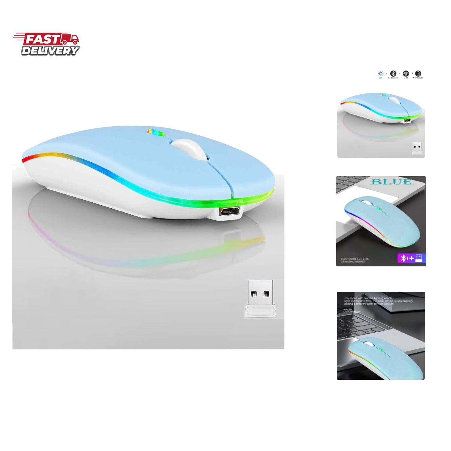 Wireless Bluetooth Mouse,LED Dual Mode Rechargeable Silent Slim Laptop Mouse,...