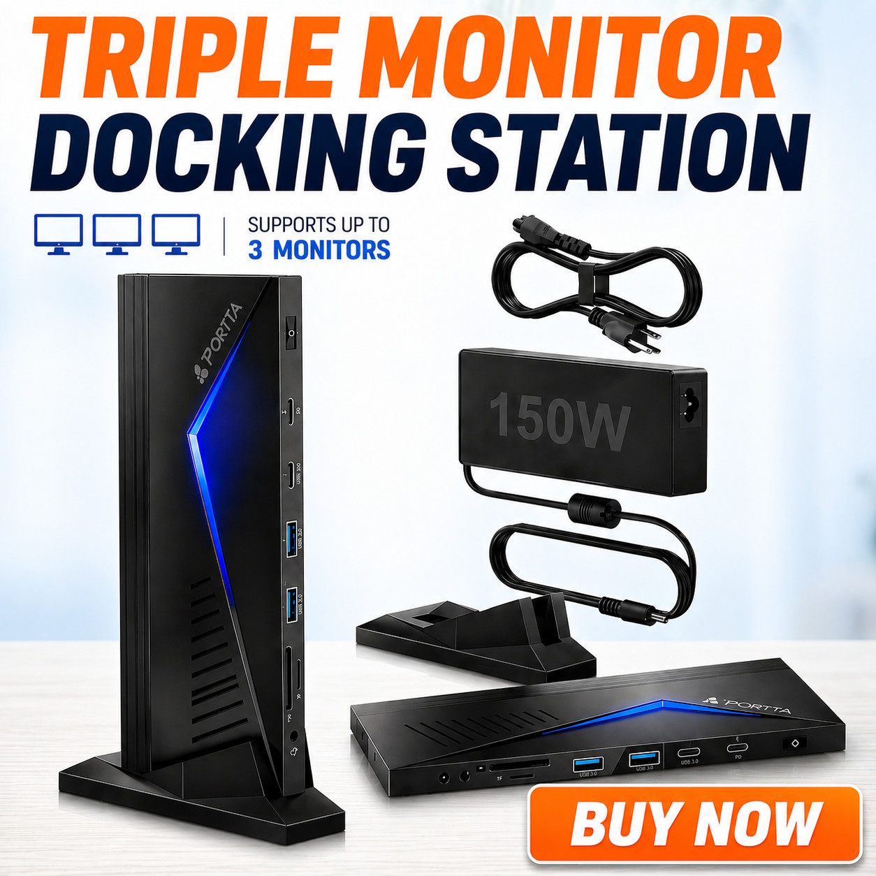 Triple Docking Station USB 14-in-1, Three Monitors 4K HDMI 150W Power Hub PORTTA