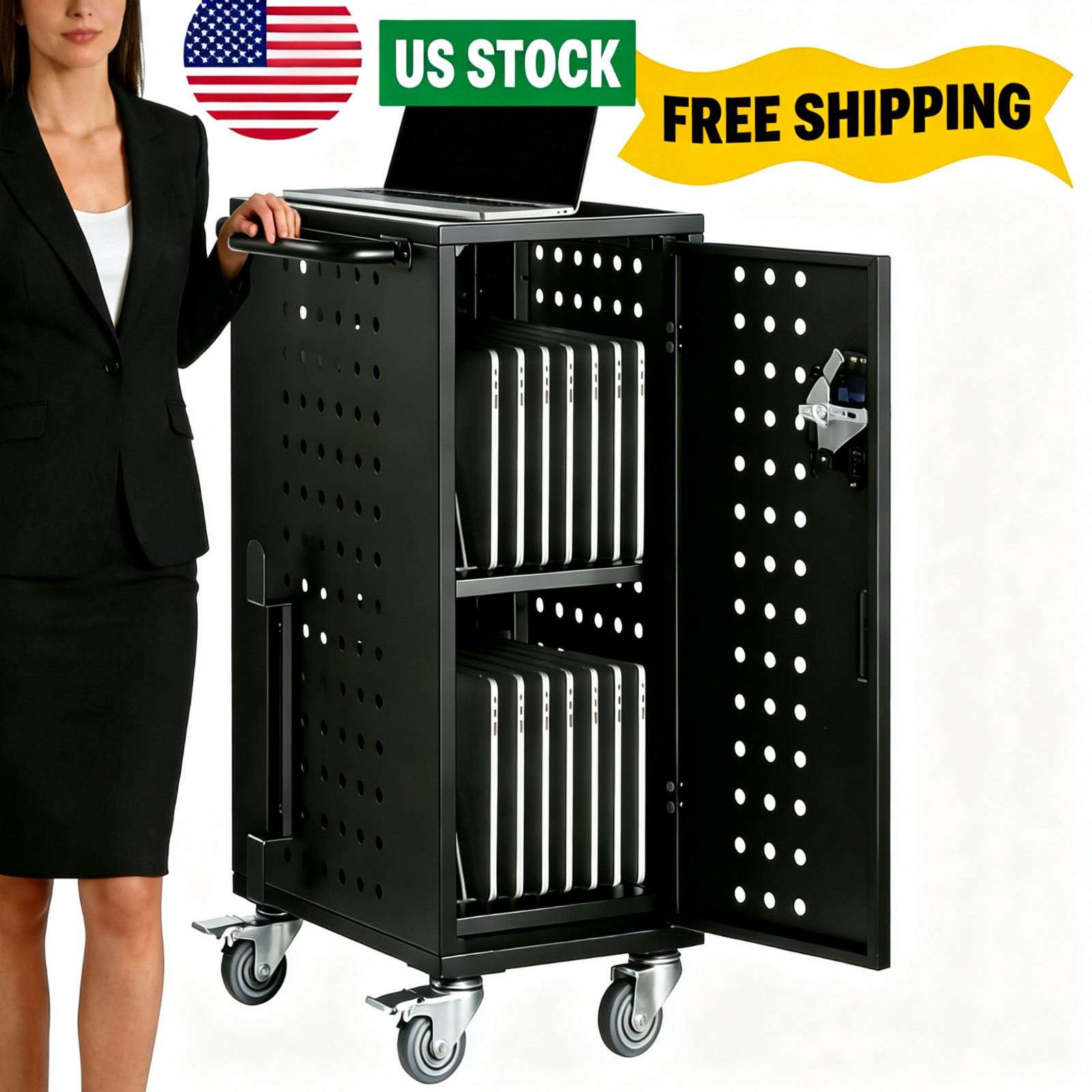 16 Laptop Charging Cart with Charging Station Cart for 15.6" Devices Lock,