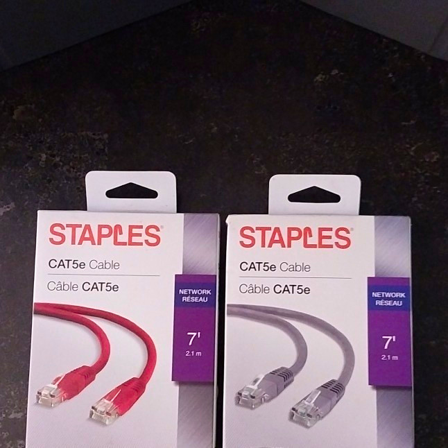 Staples CAT5e Ethernet Patch Cable RJ-45 Male to Male 7 ft Red/Gray Round